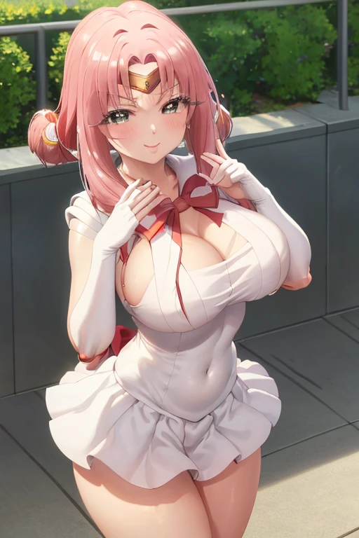 masterpiece, best quality, beautiful art, high resolution, well formed hands, body and fingers, 1 woman, solo, Hakari Hanozono, adult, big breasted, cleavage , full body, wearing a Sailor Moon outfit,, gorgeous legs and thighs, sexy sailor senshi uniform, sailor collar, blue skirt, pigtails, elbow gloves, ,skirt lifted by the wind, white leotard peeking, dancing seductively and erotically, smiling joyfully, looking at the viewer, flirting, beach environment
