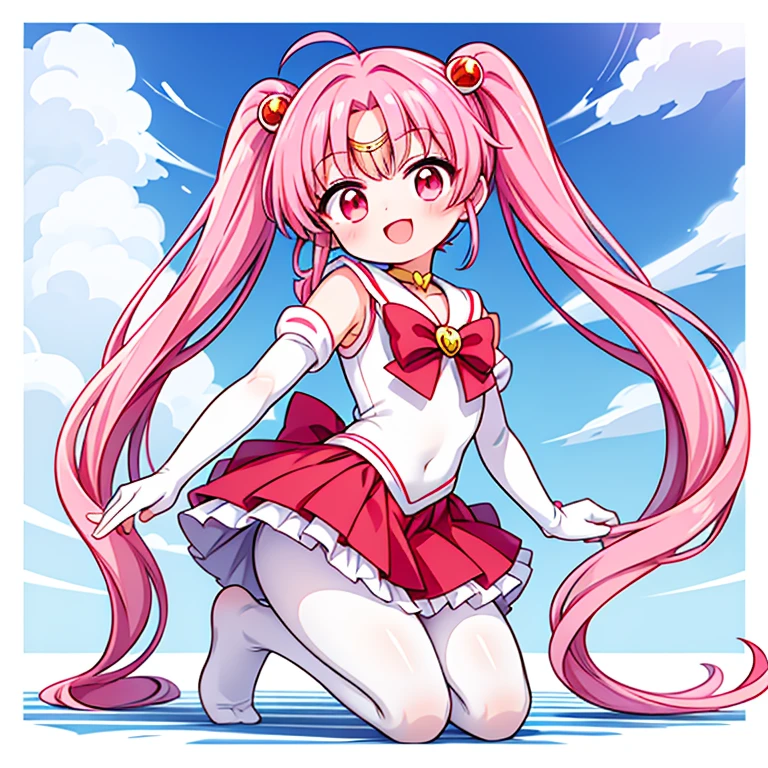 sailor moon，Cute little loli，Pink hair twintails，red eyes，White elbow gloves，red skirt，no shoes，white pantyhose，Open your mouth and smile，Kneel down