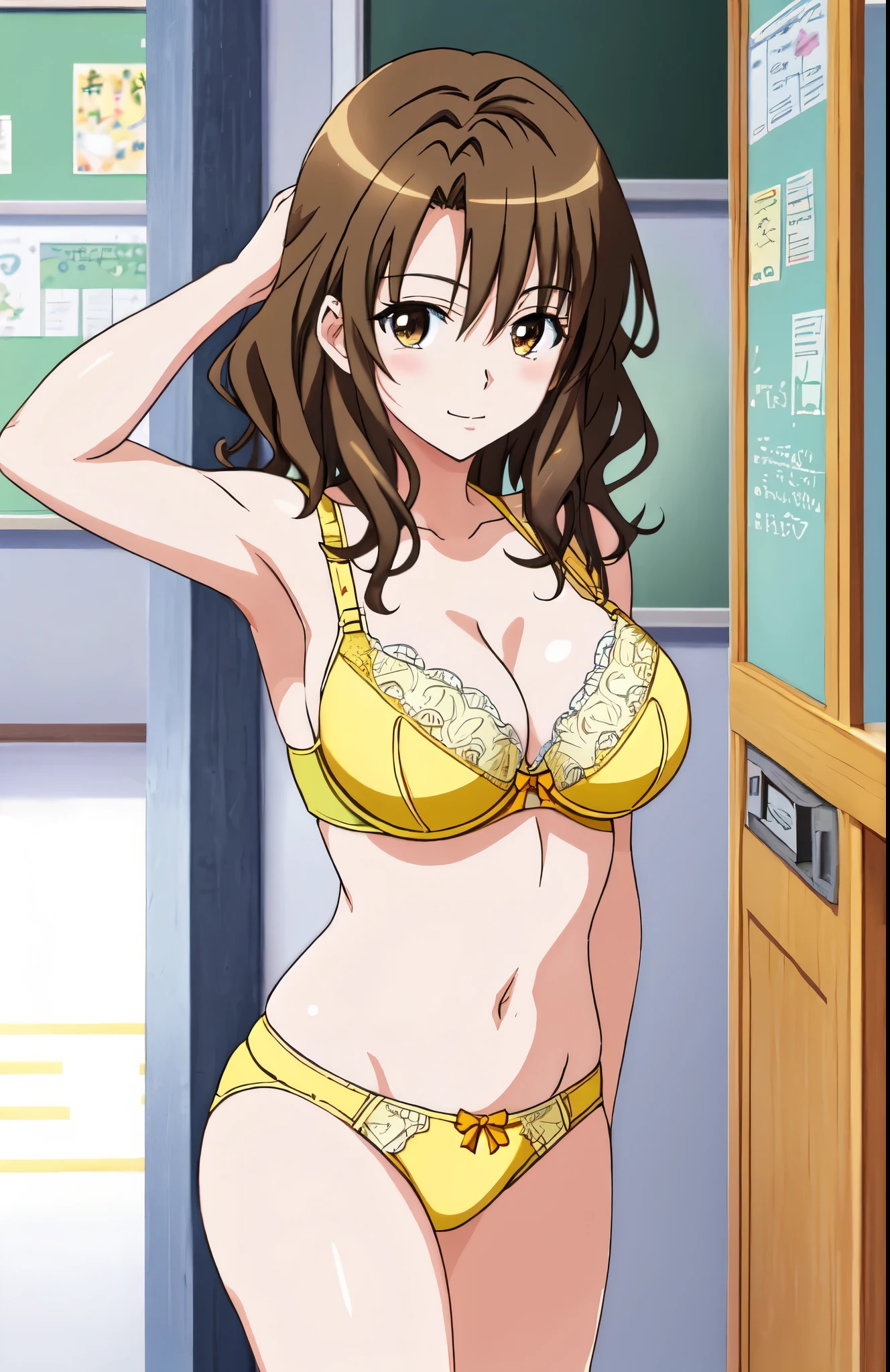 anime girl in a yellow bra with a black bow and yellow panty with a black bow、Woman with short brown hair、brown eyed woman、wavy hair、seductive anime woman、clothing:yellow bra、yellow panties、tall woman、sexy atmosphere、anime moe art style、big breasts、woman with very large breasts、(anime girl)、attractive anime girl、naughty anime style、Beautiful charming anime teen、Smooth anime CG art、school classroom、indoor、cleavage、bra with an yellow、panty with an yellow、whole body、a girl is standing、digital anime art!!、female focus、perfect body、sexy anime girl、full body、anime best girl、solo、underwear only、Bra and panties only、8k!!、High resolution!!、