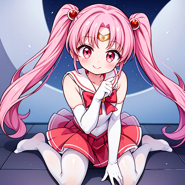 sailor moon，Cute little loli，Pink hair twintails，red eyes，White elbow gloves，red skirt，no shoes，white pantyhose，Open your mouth and smile，Kneel down