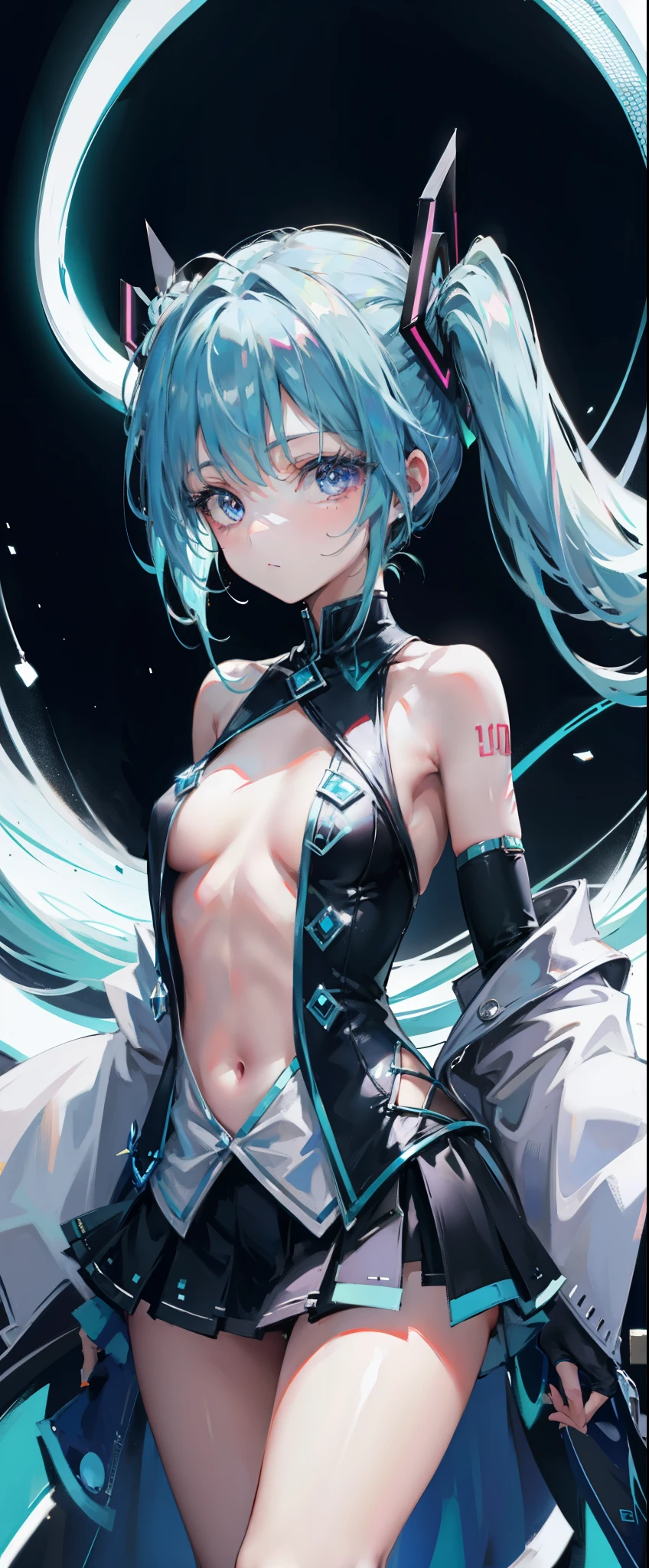 blue theme, Hatsune Miku portrait,masterpiece, magic , (impossible clothes:1.5), miniskirt, gradient background, silver blue hair, , blunt bangs,side lock, pink eyes, (ulzang-6500-v1.1:0.9), 中等breast, breast, Thigh clearance, hair accessories, Arched back, Black_witch_have,complex_Deco,mystery_fountain,luminescent_crystal