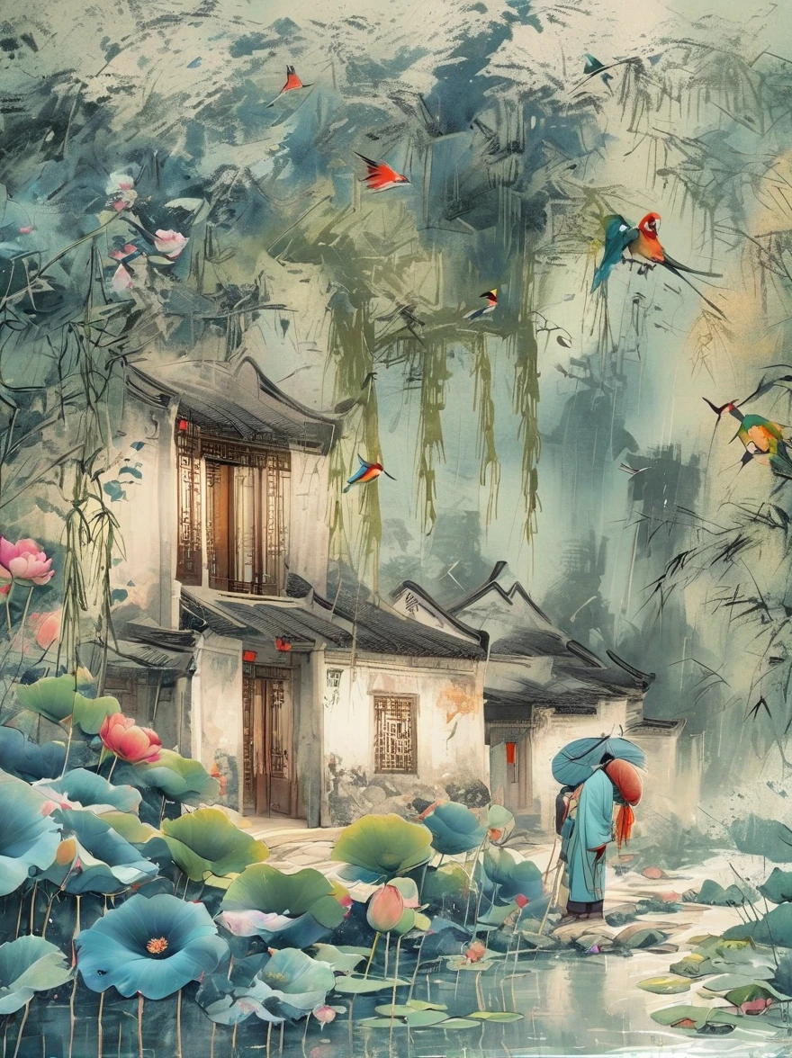 A beautiful young woman dressed in traditional Chinese dress, Surrounded by lush gardens. She holds a parrot on her finger, Look at it with tender eyes. A woman&#39;s hair is carefully styled into a high bun，decorated with flowers and traditional ornaments. Her clothes are very elegant, Made of high quality silk and floral embroidery. The garden is blooming, Peonies and other flowers as background. This scene embodies the tranquility and beauty of classical Chinese art, with a touch of nature, (((Super high saturation, High natural saturation, extremely bright colors)))，Chinese ink style，film lighting。
