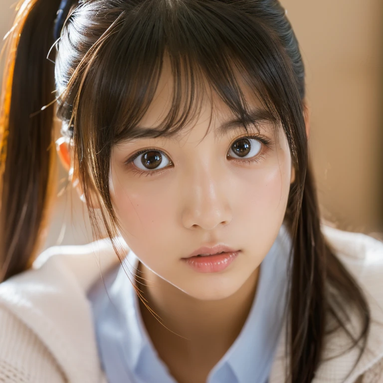 highest quality, face focus, soft light, ultra high resolution, (realistic:1.4), Raw photo, 1 Japanese girl, alone, cute, (pupil, There's a light in my eyes), detailed beautiful face, (),(High resolution details of human skin texture), (long hair), indoor, (portrait)、black camisole、twin tails、Scrunchie、earrings