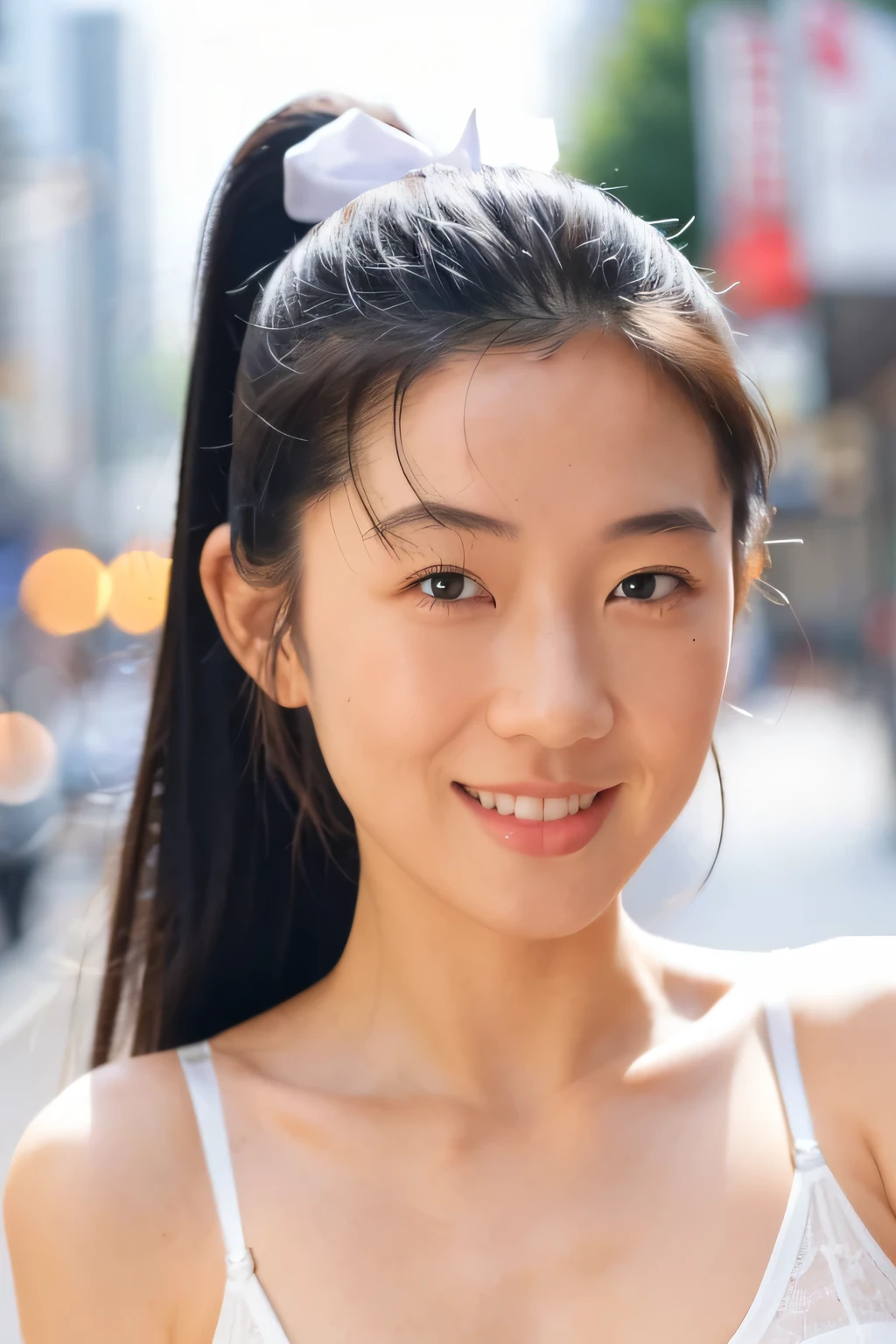 ((highest quality、8K resolution、master masterpiece、portrait:1.3)), Photoreal, 35mm film, 1 Japanese female, Upper body、on the street during the day,tassel 、ponytail, wrinkles around the eyes, plump body、smile,((white bra_panties:1.3)) , (outdoor:city street 1.3), jumbled background,look at the audience,Tokyo cityscape:1.3,smile