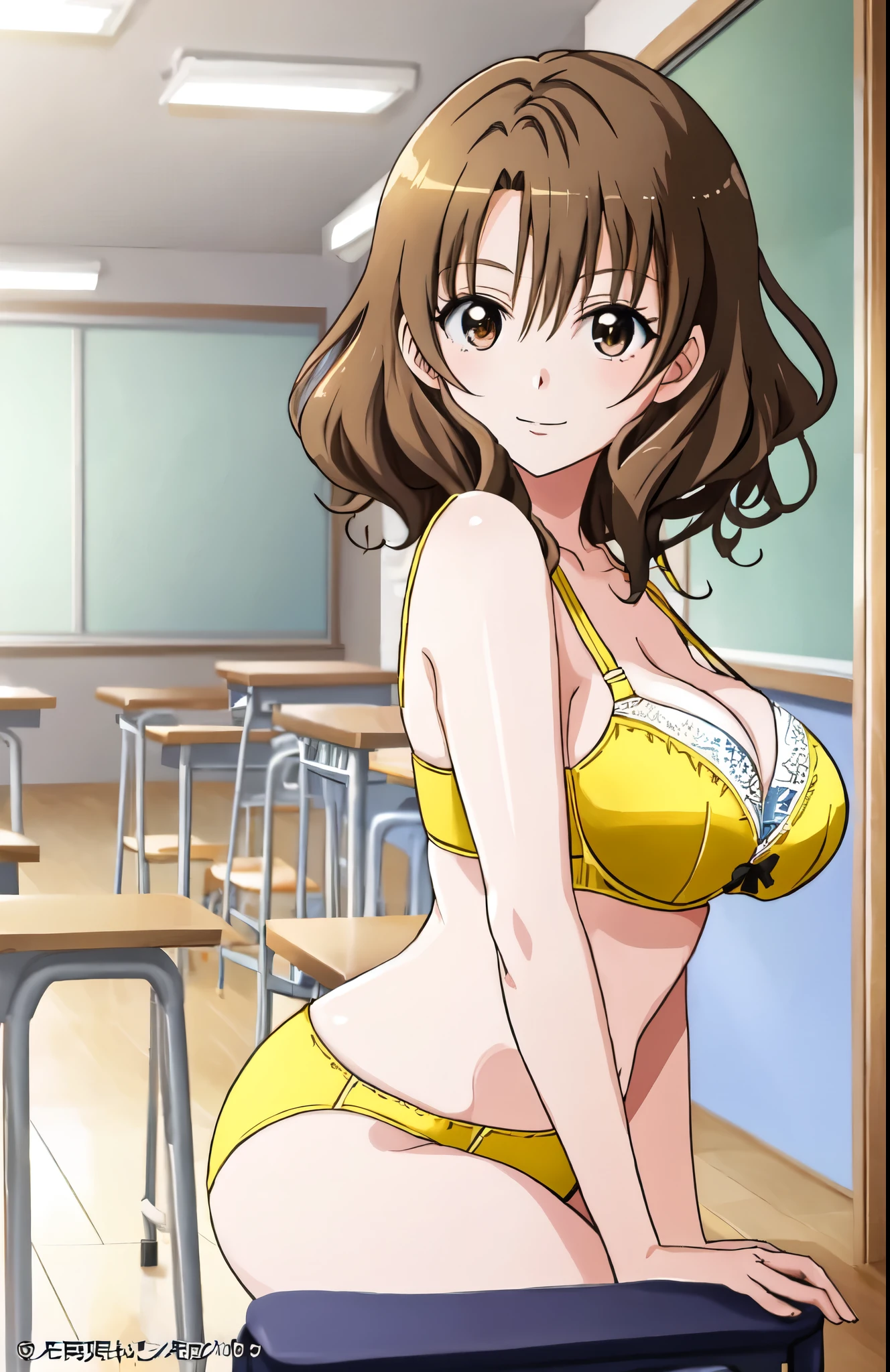 anime girl in a yellow bra with a black bow and yellow panty with a black bow、Woman with short brown hair、brown eyed woman、wavy hair、seductive anime woman、clothing:yellow bra、yellow panties、tall woman、sexy atmosphere、anime moe art style、big breasts、woman with very large breasts、(anime girl)、attractive anime girl、naughty anime style、Beautiful charming anime teen、Smooth anime CG art、school classroom、indoor、cleavage、bra with an yellow、panty with an yellow、whole body、a girl is standing、digital anime art!!、female focus、perfect body、sexy anime girl、full body、anime best girl、solo、underwear only、Bra and panties only、8k!!、High resolution!!、