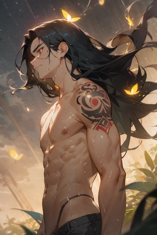 masterpiece, best quality red eyes, game cg, 1boy adult man, adult face, solo, male body, tattoos on body, looking at sky, head facing up, muscular fit V shaped body, sky is gray with golden rays coming through, standing in a rainforest with a somber expression. The man is muscular with firm body, anime style, floating drops , reflective skin wet sweaty, shirtless and sexy. Fireflies in the background, leaves falling, wind blowing his long black hair. Peacock inspired tattoo