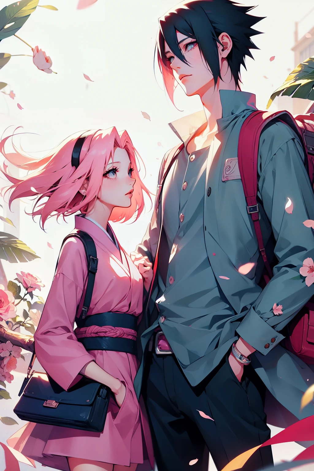 sasusaku. Sasuke Uchiha, a tall man with black hair, wearing a white blouse and jeans, is a high school student, with his hands in his pockets. Sakura, a thin woman with pink hair, she is after Sasuke, she is a rebel. best quality, adorable, ultra-detailed, illustration, complex, detailed, extremely detailed, detailed face, soft light, soft focus, perfect face. In love, illustration. two people, couple