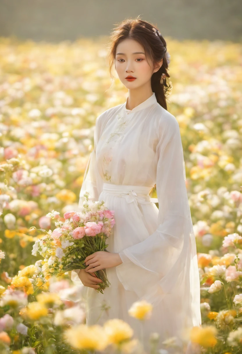 a beautiful girl in white aodai , masterpiece, best quality, realistic:1.3,in a field of flowers, holding bundle of flowers, sunlight, backlighting, emotional depth, flowers, flower fields, bloom, ultra detailed, film grain,hazy light and shadow, aestheticism, melancholic film