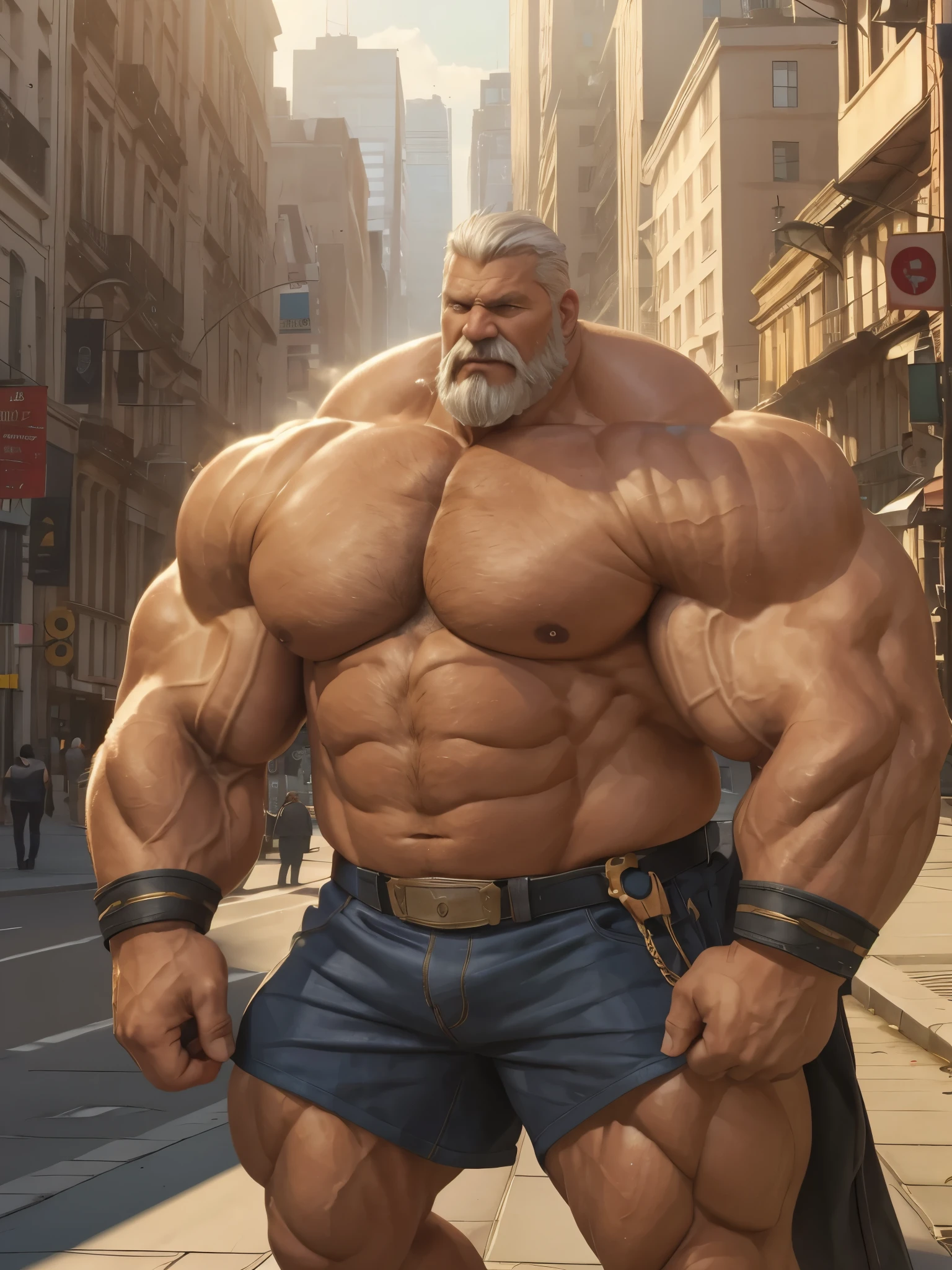 (best quality,4k,8k,highres,masterpiece:1.2),ultra-detailed,(realistic,photorealistic,photo-realistic:1.37),((massive muscular)) ((huge Muscular)) old man standing in city, old, old man, very old, wrinkles skin, white hair and beard, super thick arms, super big pectoral
