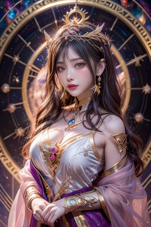 1 Twelve zodiac goddesses from the future, Wear the zodiac goddess ao dai to hide your breasts, The zodiac goddess wears a bright yellow gold bodice, Goddess radiates a bright pink-purple zodiac aura, 星は12constellationの形をしている, Zodiac goddess wearing a golden zodiac ao dai with many black details, 未来から来た神話上の12constellationの女神, constellation ♏, zodiac style, dark and mysterious version, Plump , Red lips are balanced and very beautiful, Characters by Karol Baque and Pino Daeni, intricate details, detailed background, many objects in the background, very detailed, magic lighting, woman, A clearly drawn face, beautiful face and symmetrical eyes, Big round eyes and very beautiful and detailed makeup, distant focus, silk clothing, Mystical ornaments, upper body portrait, arms are loose, realistic and vivid photos, (The stars that make up the zodiac: 1.7), (Space-time fantasy portal with zodiac sky background: 1.8 ), fiction art, RAW image, style fantasy hanfu, Long sleeves that cover both hands, two outstretched arms,