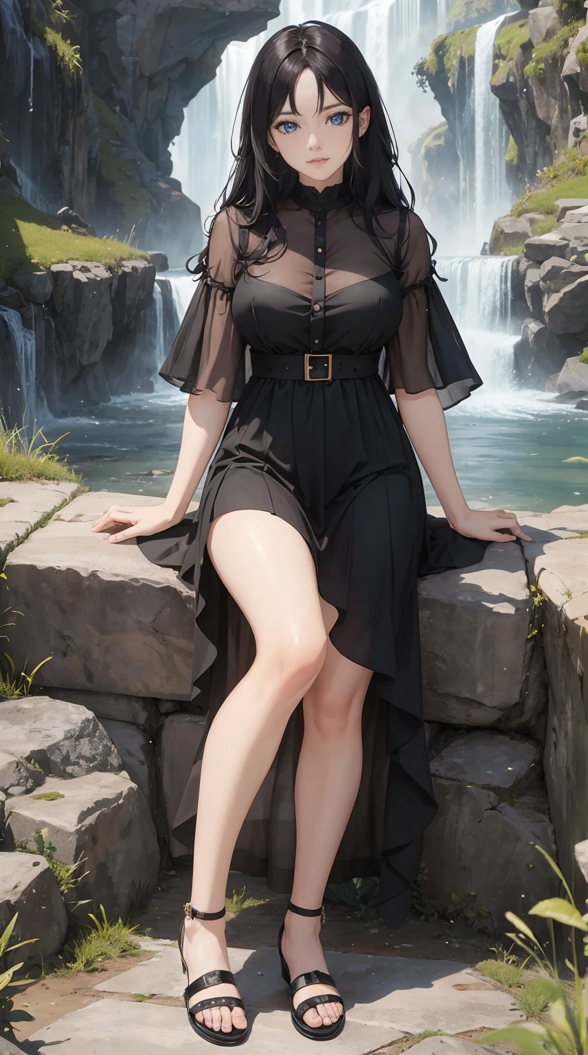 (masterpiece, Best quality, A high resolution, ultra detailed),(beautiful and aesthetically pleasing:1.2), 1 woman, adult, perfect body, wavy black hair, ((green eyes)), detailed eyes and face, full_body, stylish casual wear, stylish comfortable shoes, loose styled, Outdoors, Waterfall