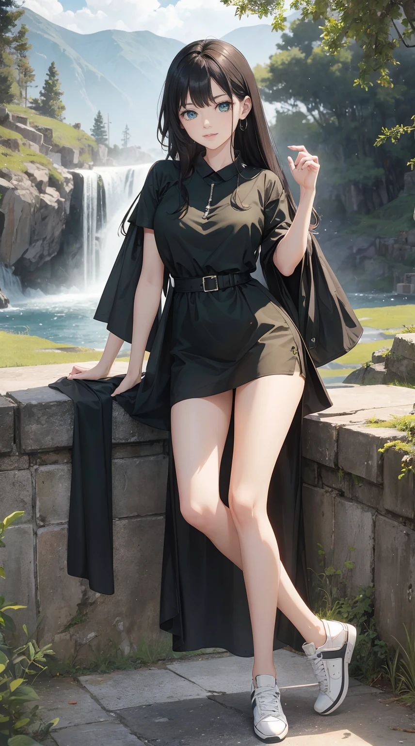(masterpiece, Best quality, A high resolution, ultra detailed),(beautiful and aesthetically pleasing:1.2), 1 woman, adult, perfect body, wavy black hair, ((green eyes)), detailed eyes and face, full_body, stylish casual wear, stylish comfortable shoes, loose styled, Outdoors, Waterfall