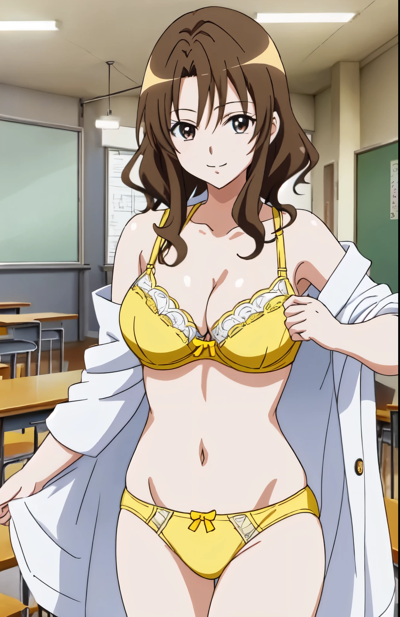 anime girl in a yellow bra with a black bow and yellow panty with a black bow、Woman with short brown hair、brown eyed woman、wavy hair、seductive anime woman、clothing:yellow bra、yellow panties、tall woman、sexy atmosphere、anime moe art style、big breasts、woman with very large breasts、(anime girl)、attractive anime girl、naughty anime style、Beautiful charming anime teen、Smooth anime CG art、school classroom、indoor、cleavage、bra with an yellow、panty with an yellow、whole body、a girl is standing、digital anime art!!、female focus、perfect body、sexy anime girl、full body、anime best girl、solo、underwear only、Bra and panties only、8k!!、High resolution!!、