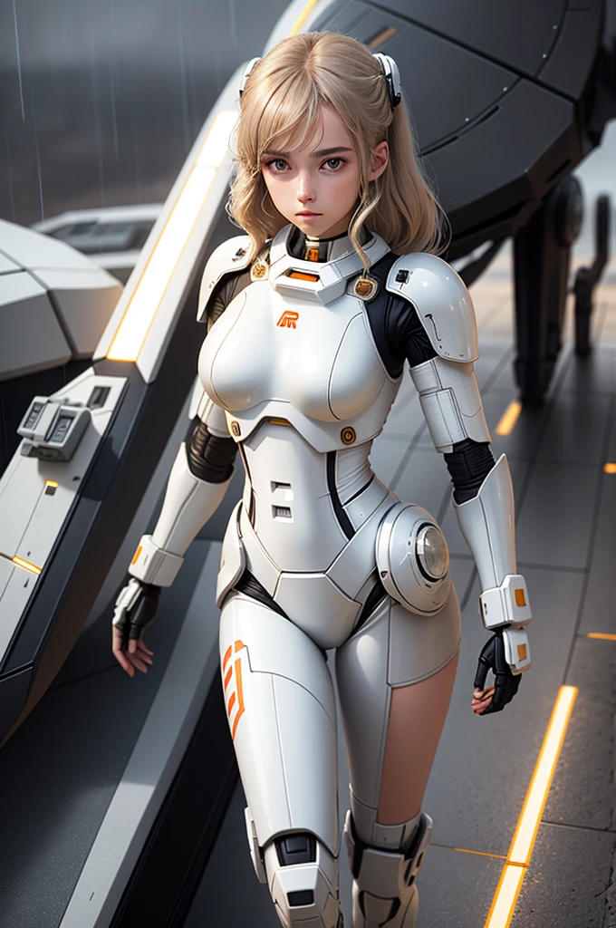 18 year old girl, white droid suit, mid lenght plain hair, bronze hair, beautiful face, rain, roof, masterpiece, exquisite details, perfect anatomy, light power