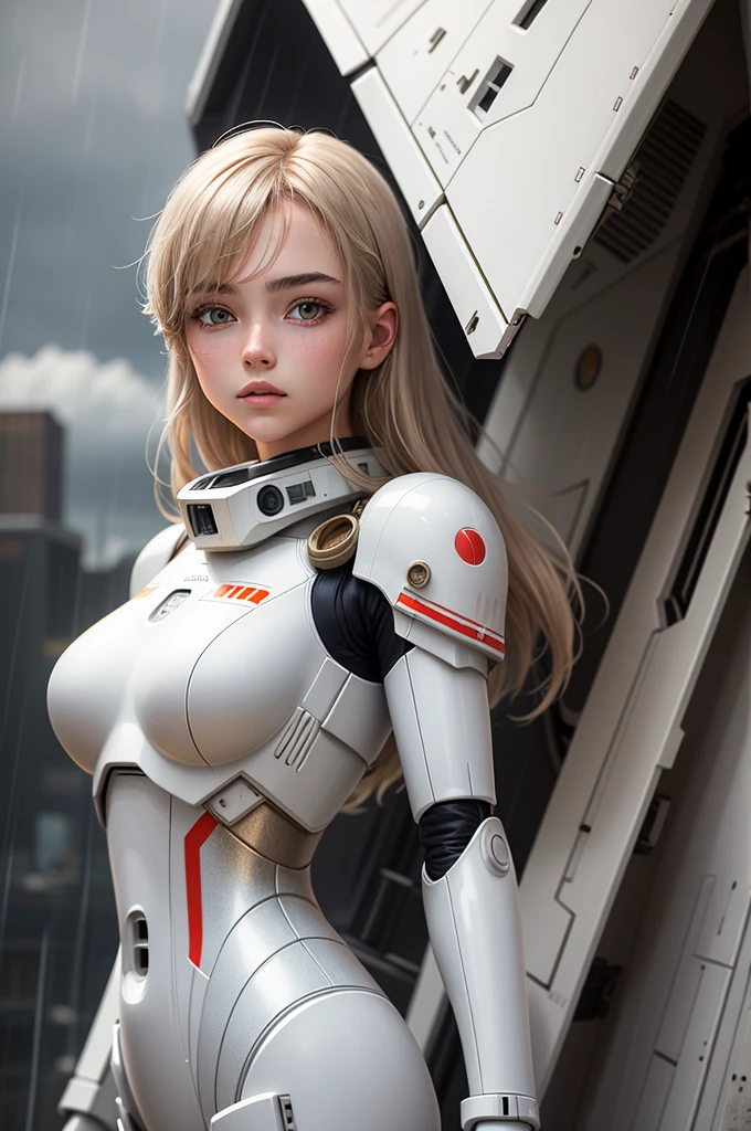 18 year old girl, white droid suit, mid lenght plain hair, bronze hair, beautiful face, rain, roof, masterpiece, exquisite details, perfect anatomy, light power