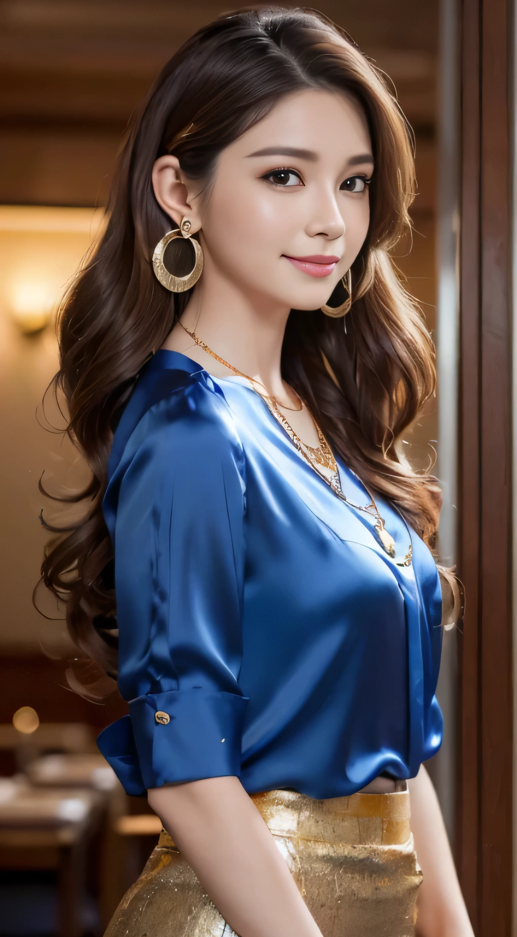 masterpiece, highest quality, realistic, Super detailed, small details, High resolution, 8k wallpaper, 1 beautiful woman, wear casual business wear, in a great restaurant, At night, light brown messy hair, perfect dynamic composition, beautiful and detailed eyes,((Hair with loose waves inside:1.2)),((gold necklace_Large earrings:1.2)),((Super long brown hair:1.2))、fullbody shot、((full figure supermodel standing, entire body in frame))、((look down at the viewer,from below:1.5))(Blouses and skirts, Wearing a blue silk blouse, wear a blue shirt and skirt,inside the airplane:1.4)),((shy smile:1.3))