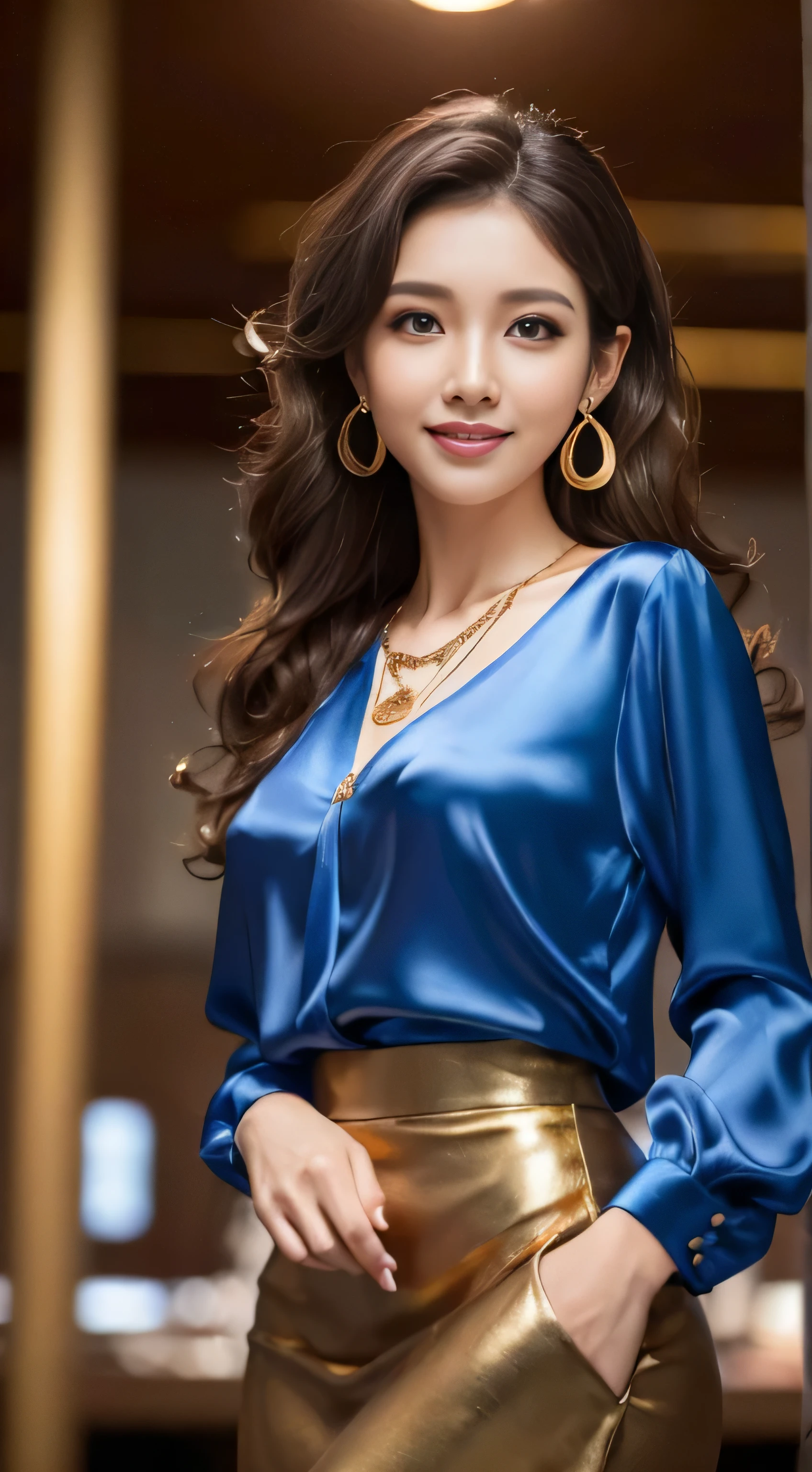 masterpiece, highest quality, realistic, Super detailed, small details, High resolution, 8k wallpaper, 1 beautiful woman, wear casual business wear, in a great restaurant, At night, light brown messy hair, perfect dynamic composition, beautiful and detailed eyes,((Hair with loose waves inside:1.2)),((gold necklace_Large earrings:1.2)),((Super long brown hair:1.2))、fullbody shot、((full figure supermodel standing, entire body in frame))、((look down at the viewer,from below:1.5))(Blouses and skirts, Wearing a blue silk blouse, wear a blue shirt and skirt,inside the airplane:1.4)),((shy smile:1.3))