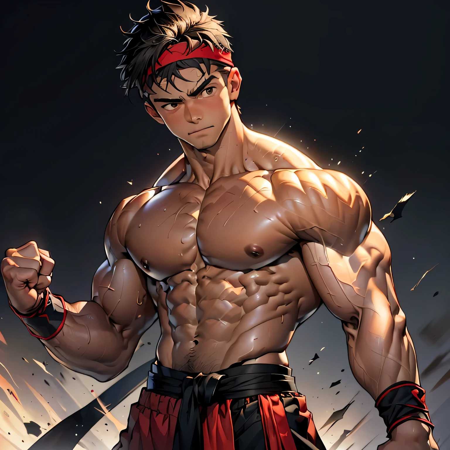 (Masterpiece, Best quality 19 year old boy, simple background, cowboy shot), solo, Young, boy, muscler, Shirtless, topless, (Dark Short straight hair, under cut, brown eyes), (red headband, ((black wristband, weist sash))), Vivid colors, (hot Abs:1.2, abs!, big abs, big breast:1.2, chest!, muscler upper arms, mighty fist, (upper body nudity:1.1)), (topless male), closed mouth, muscler!, muscler body, Man with martial arts stance, (aura power:1.4), detailed face, detailed muscle, ((( random fighting pose, aggressive, powerful, action, rippling muscles)))