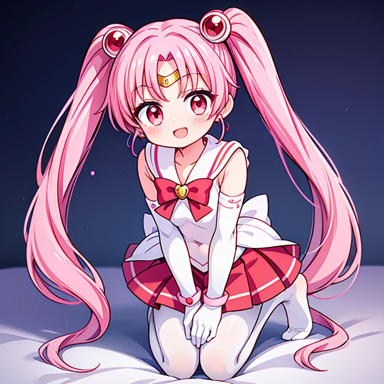 sailor moon,Cute little ,Pink hair twintails,red eyes,White elbow gloves,red skirt,no shoes,white pantyhose,Open your mouth and smile,Kneel down