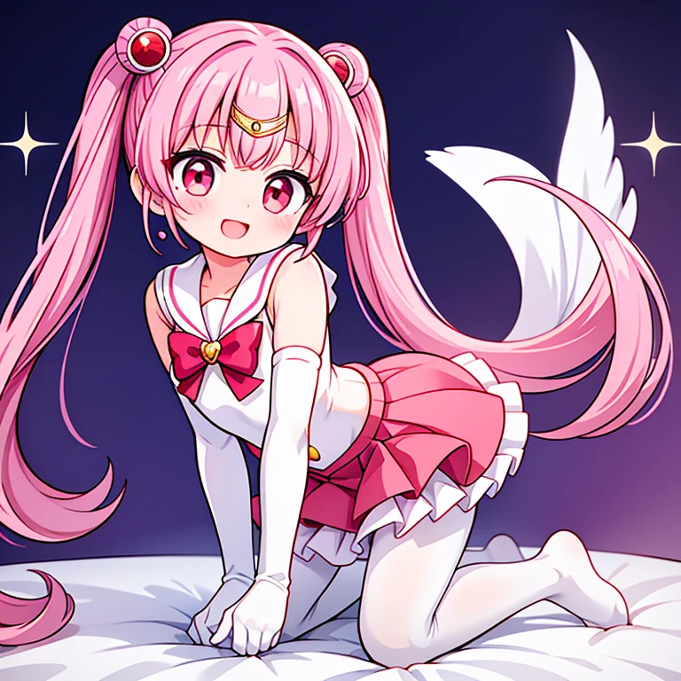 sailor moon,Cute little loli,Pink hair twintails,red eyes,White elbow gloves,red skirt,no shoes,white pantyhose,Open your mouth and smile,Kneel down,short legs