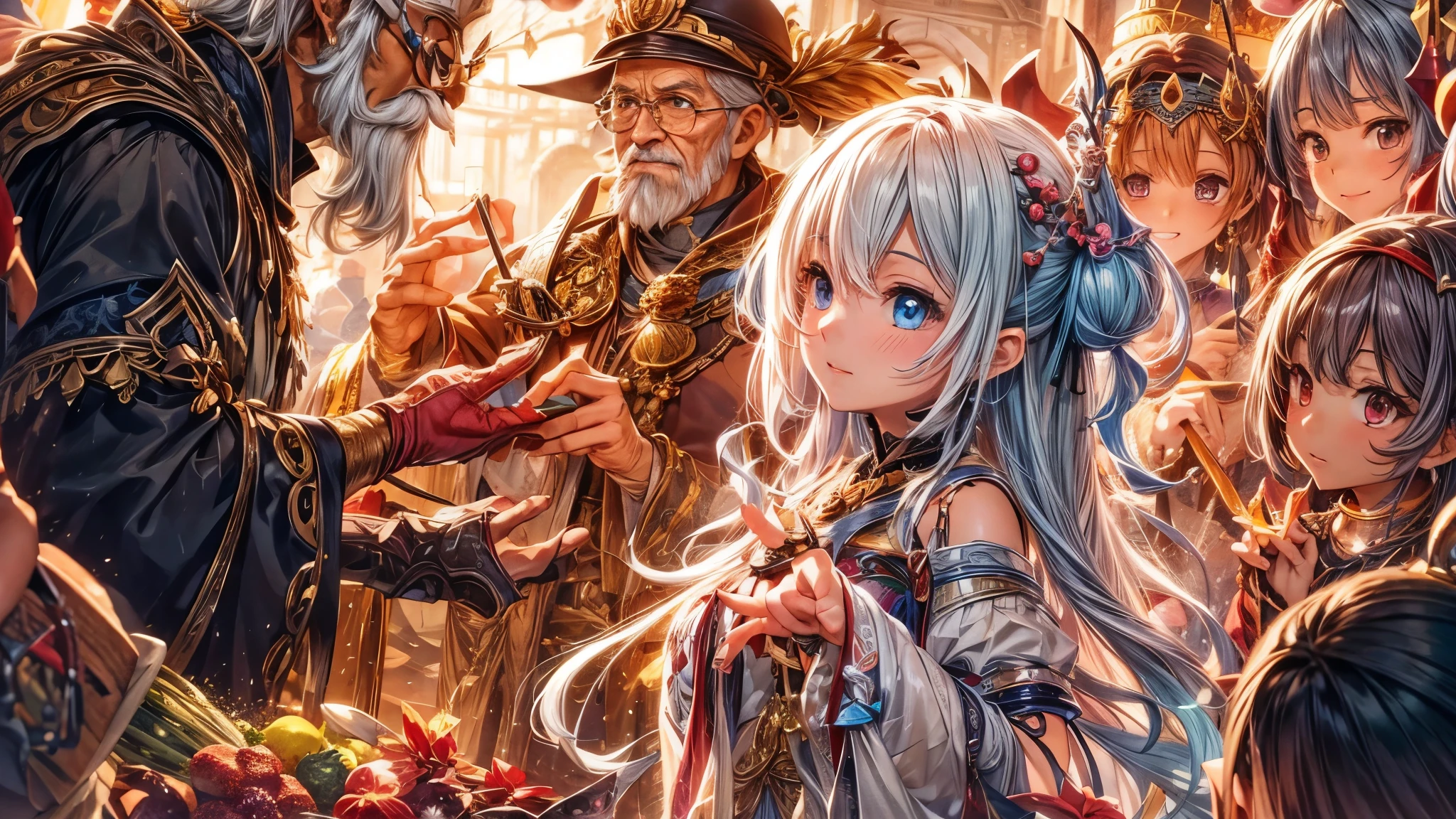 High quality fantasy anime pictures, Crowded market for ancient magic items, Old man shopkeeper and cute customer seriously begging for discount, Azatoi Charming Negotiations