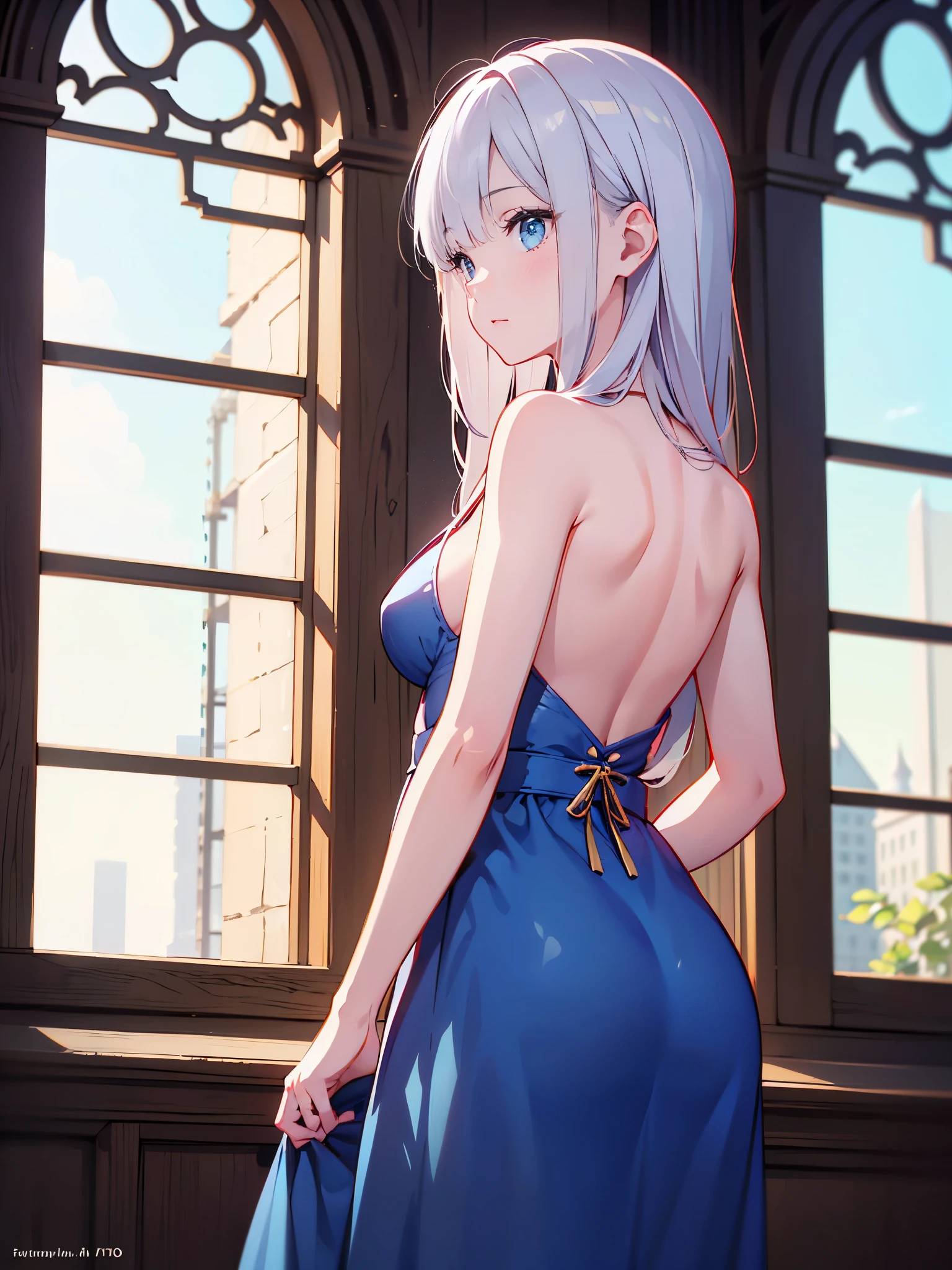 (day:1.2), RAW Photography, 1 Girl, Sexy 25 Year Old Girl, (silver long hair, deep blue eyes, medium breasts, fit, athletic, muscular abdomen:1.1), (standing, leaning towards window, arms behind back, looking outside, dreamy eyes, lost in thought, wearing loose medieval blue dress with gold accents), (close up shot, side profile shot, showing back, sunlight:1.2), medieval palace, (Masterpiece, Best Quality, Ultra Detail, Cinematic Lights, Intricate Detail, High Definition, 8k, UHD, DSLR, soft lighting, high quality, film grain, fujifilm XT3, shallow depth of field, natural light, perfect face, Very Detailed, Very Beautiful portrait, side angle shot:1.2)