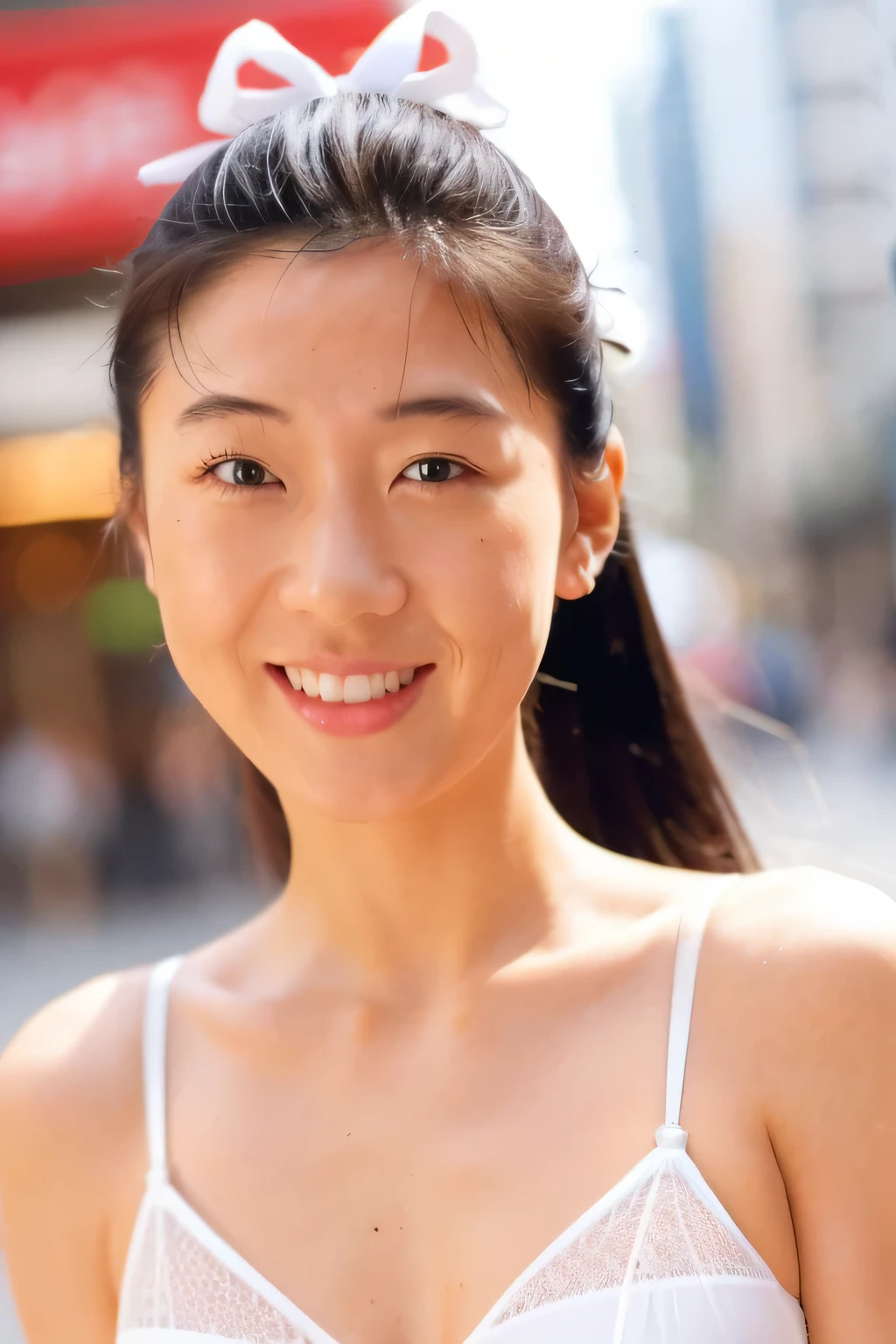 ((highest quality、8K resolution、master masterpiece、portrait:1.3)), Photoreal, 35mm film, 1 Japanese female, Upper body、on the street during the day,tassel 、ponytail, wrinkles around the eyes, plump body、smile,((white bra_panties:1.3)) , (outdoor:city street 1.3), jumbled background,look at the audience,Tokyo cityscape:1.3,smile