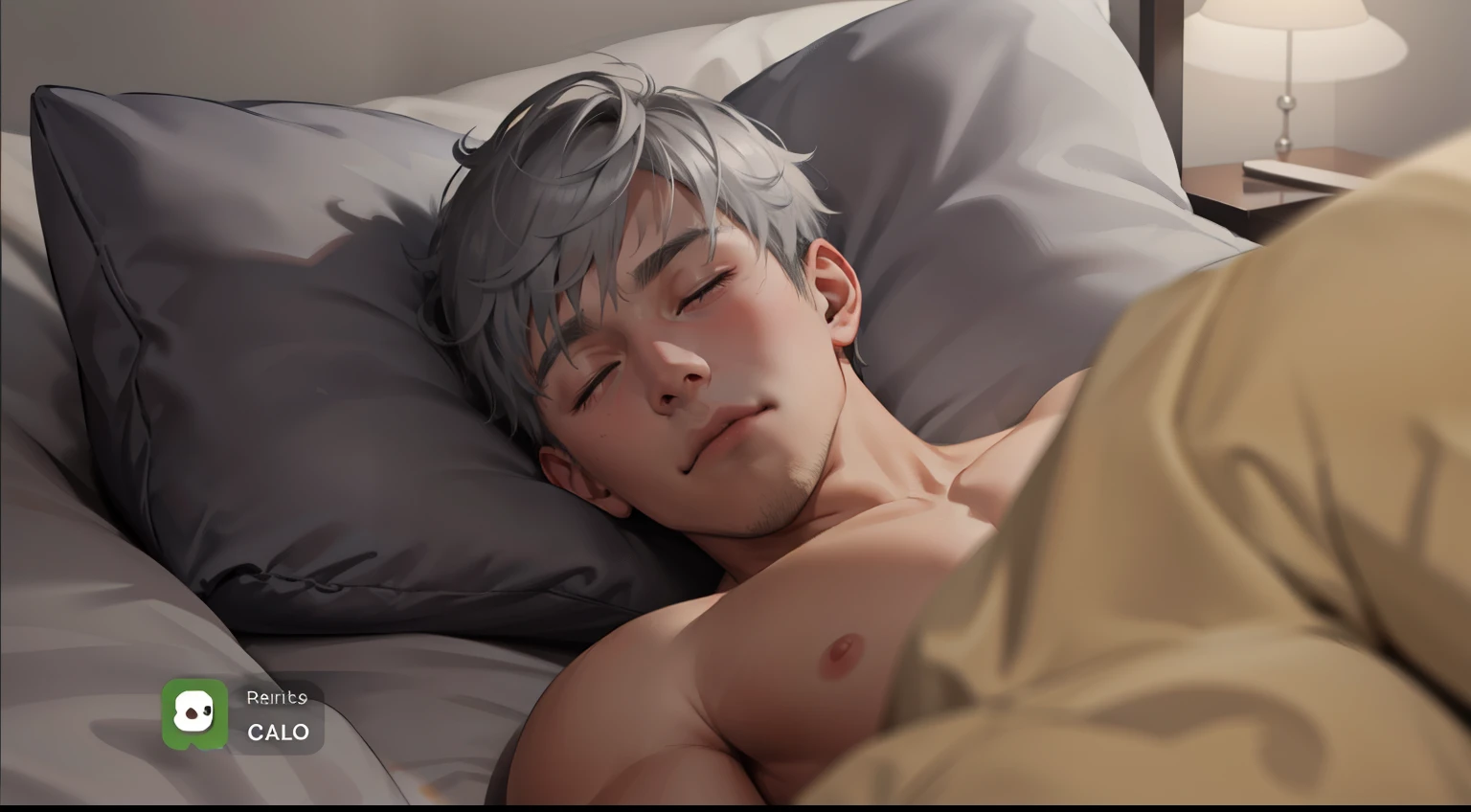 cute 16 year old boy light gray hair shirtless is asleep