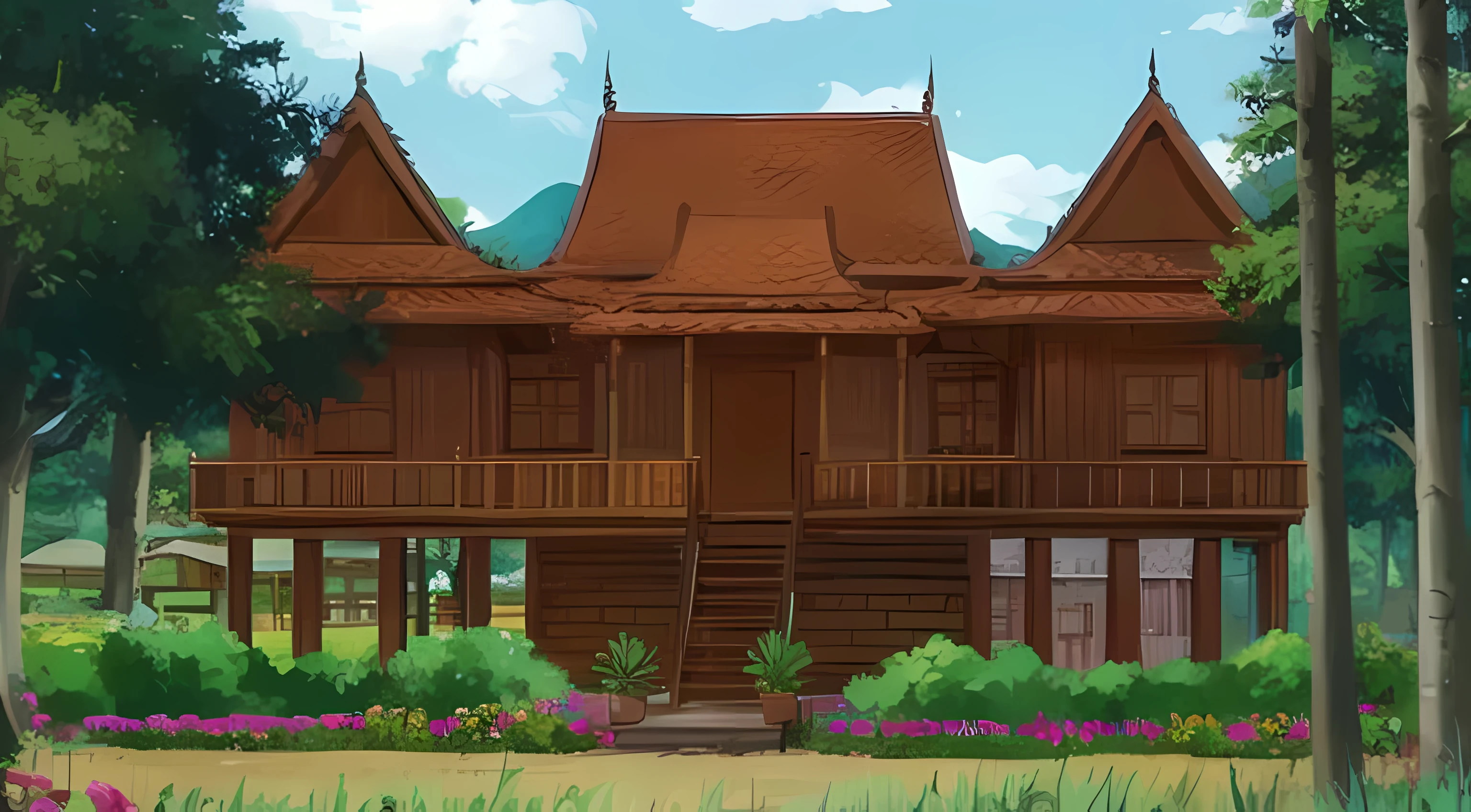 a close up of a house in a forest with a lot of trees, peaceful wooden mansion, wooden house, thai architecture, old house, wooden cottage, anime background art, house background, anime thai girl, colonial house in background, 2 d game environment design, style of madhouse studio anime, luxurious wooden cottage, anime background, tropical location, random background scene