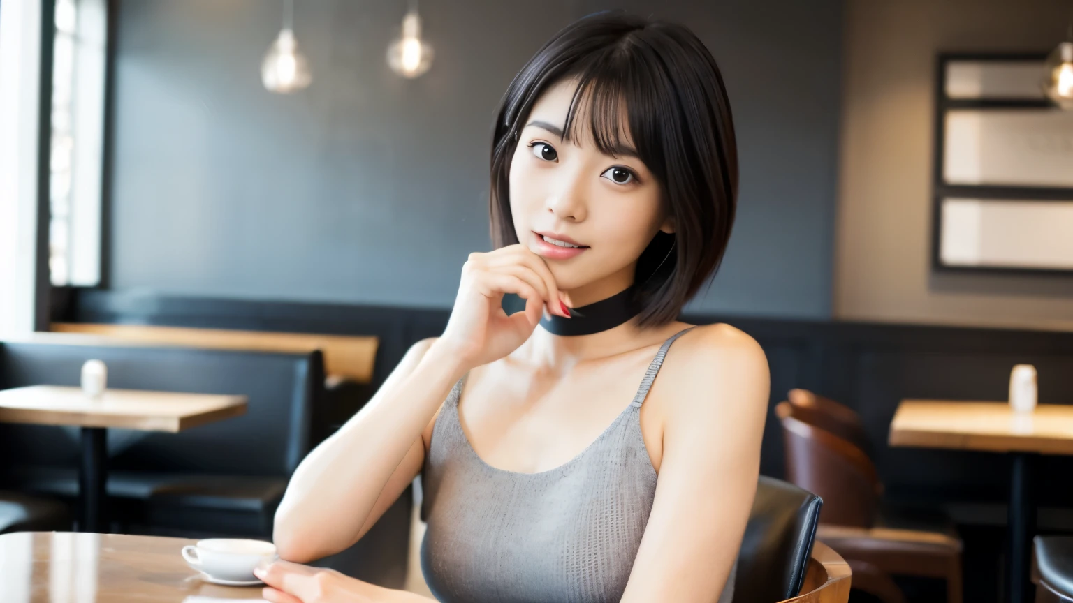 japanese woman, Beauty salon model 30 years old, slender body shape, small breasts, very thin waist, beautiful face, beautiful eyes, black short hair, She wears tight, Short gray knit dress with open back design., Sitting in a fashionable café, look back at you kindly, 1 girl, alone, detailed face and eyes, small fingers and arms. full body photo. realistic, realistic., choker