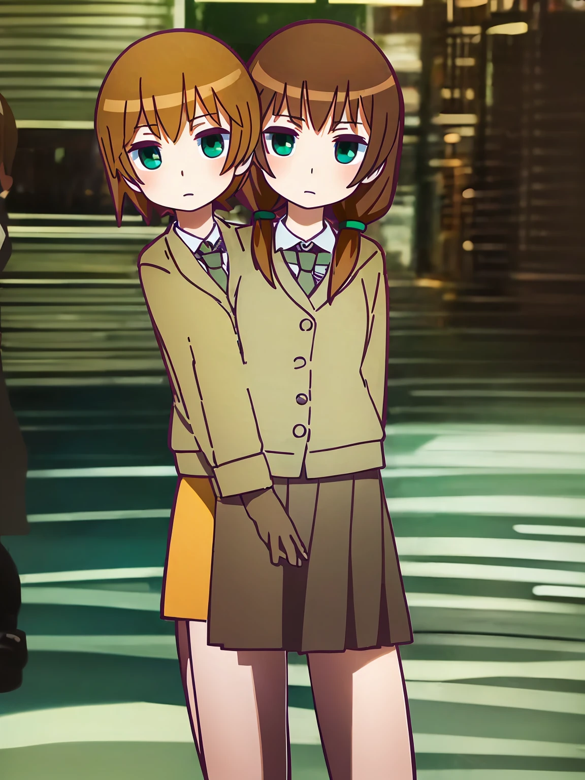 (masterpiece,high quality),high resolusion,(2heads:1.5),1 girl,conjoined twins,2 headed one body,Long brown hair tied in front,green eyes,wearing a brown long-sleeved uniform,wearing a green tie,wearing a short brown skirt,big breasts,looking at the audience,tokyo city streets background