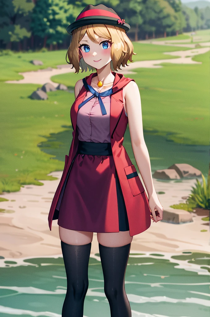 masterpiece, best quality, highres, serena \(pokemon\), short hair, blue eyes, 1girl, solo, blue ribbon, eyelashes, black thighs, neck ribbon, sleeveless, bangs, collarbone, bare arms, pink dress, red coat, pink hat, outdoor, standing by a lake, blushing, smile, long stockings, black stockings, mid-thigh stockings, medium-sized female breasts,  Neckline, detailed background, background of great details.