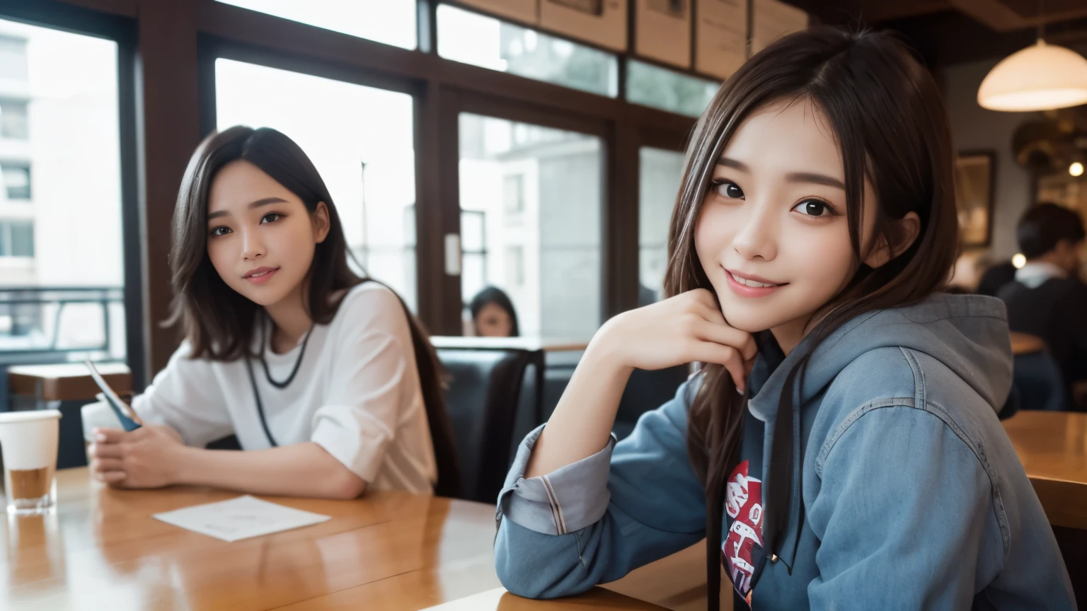 8K quality、best image quality、超A high resolution、masterpiece、Photoreal、RAW photo、超A high resolution、Japan 21 years old、、dynamic angle、cowboy shot、smile、smile、The most beautiful things form chaos、elegant、brutal design、Bright colors、short bob、smile、glossy white skin、beautiful eyes with random colors、very thin lips、Beautiful eyes in every detail、beautiful double eyelids、bright chestnut hair、Cafe、Cafe店内、whole、hoodie、hot pants、