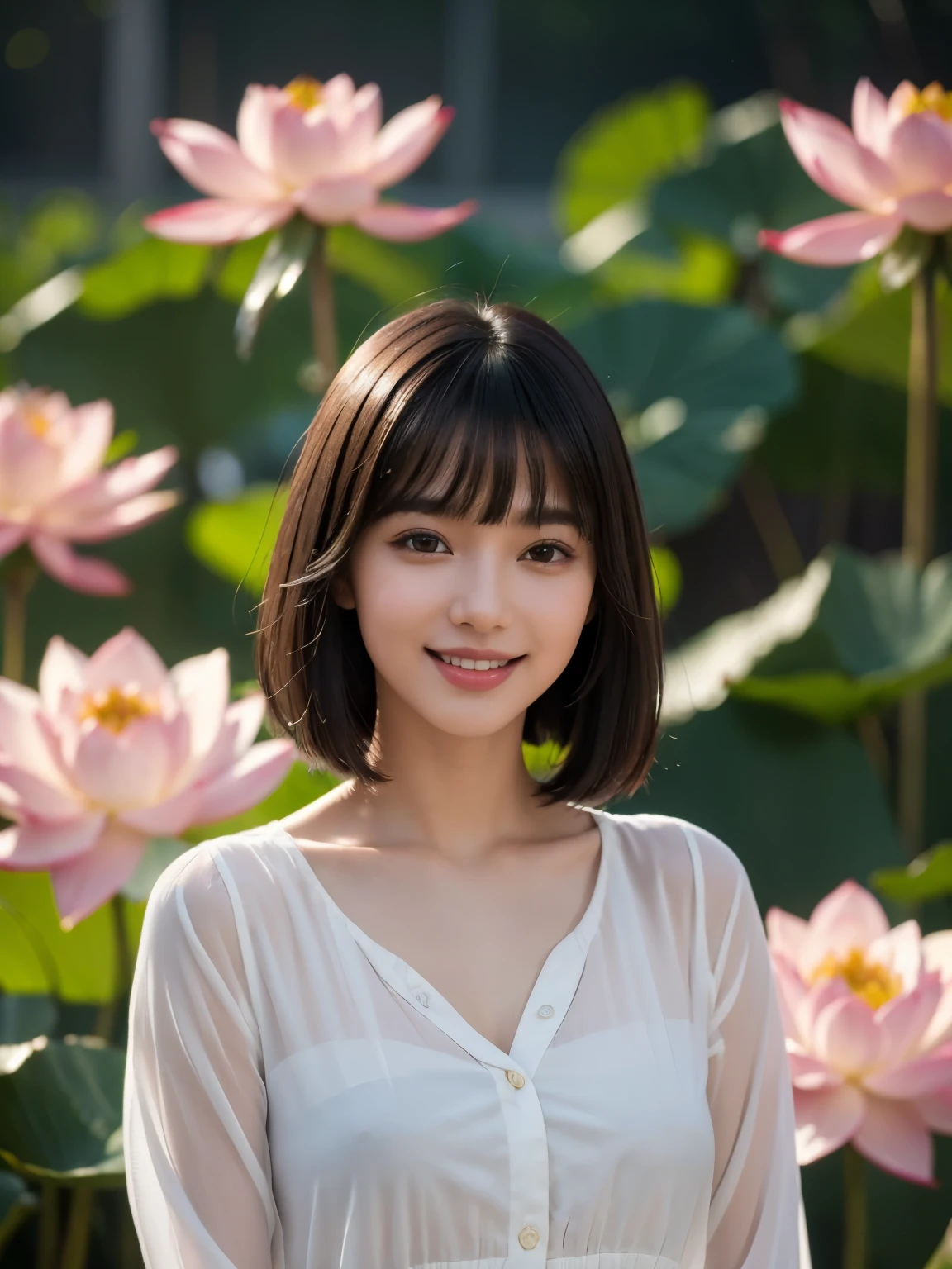 (highest quality,masterpiece:1.3,ultra high resolution),(Super detailed,caustics),(realistic:1.4,RAW shooting),1 girl,flat bangs、look at the camera with a smile、Blurred background、it's raining、Lotus flower, indian style