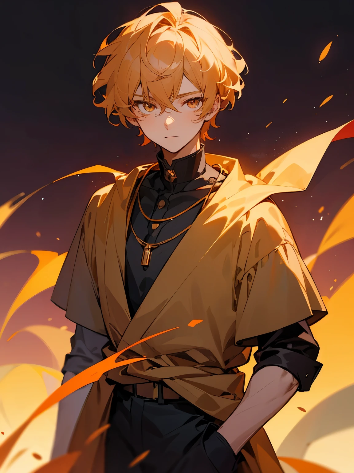 Boy with short wheat-colored hair, amber-honey eyes, a noble and mature appearance, wearing a black high collar. The hair is short and wavy, with a neutral expression, an amethyst necklace. Anime style. Red moon background.