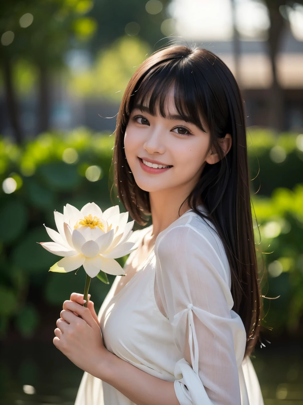 (highest quality,masterpiece:1.3,ultra high resolution),(Super detailed,caustics),(realistic:1.4,RAW shooting),1 girl,flat bangs、look at the camera with a smile、Blurred background、it&#39;s raining、Lotus flower, indian style