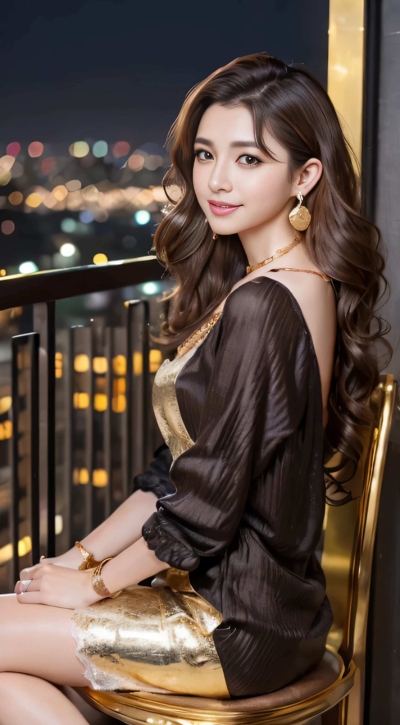 masterpiece, highest quality, realistic, Super detailed, small details, High resolution, 8k wallpaper, 1 beautiful woman, wear casual business wear, in a great restaurant, At night, light brown messy hair, perfect dynamic composition, beautiful and detailed eyes,((Hair with loose waves inside:1.2)),((gold necklace＿Large earrings:1.2)),((Super long brown hair:1.2))、fullbody shot、((full figure supermodel standing, entire body in frame))、((look down at the viewer,from below:1.5))(wearing maid outfit:1.3)),((shy smile:1.3))((standing gracefully on a chair, night view terrace background:1.3)),

