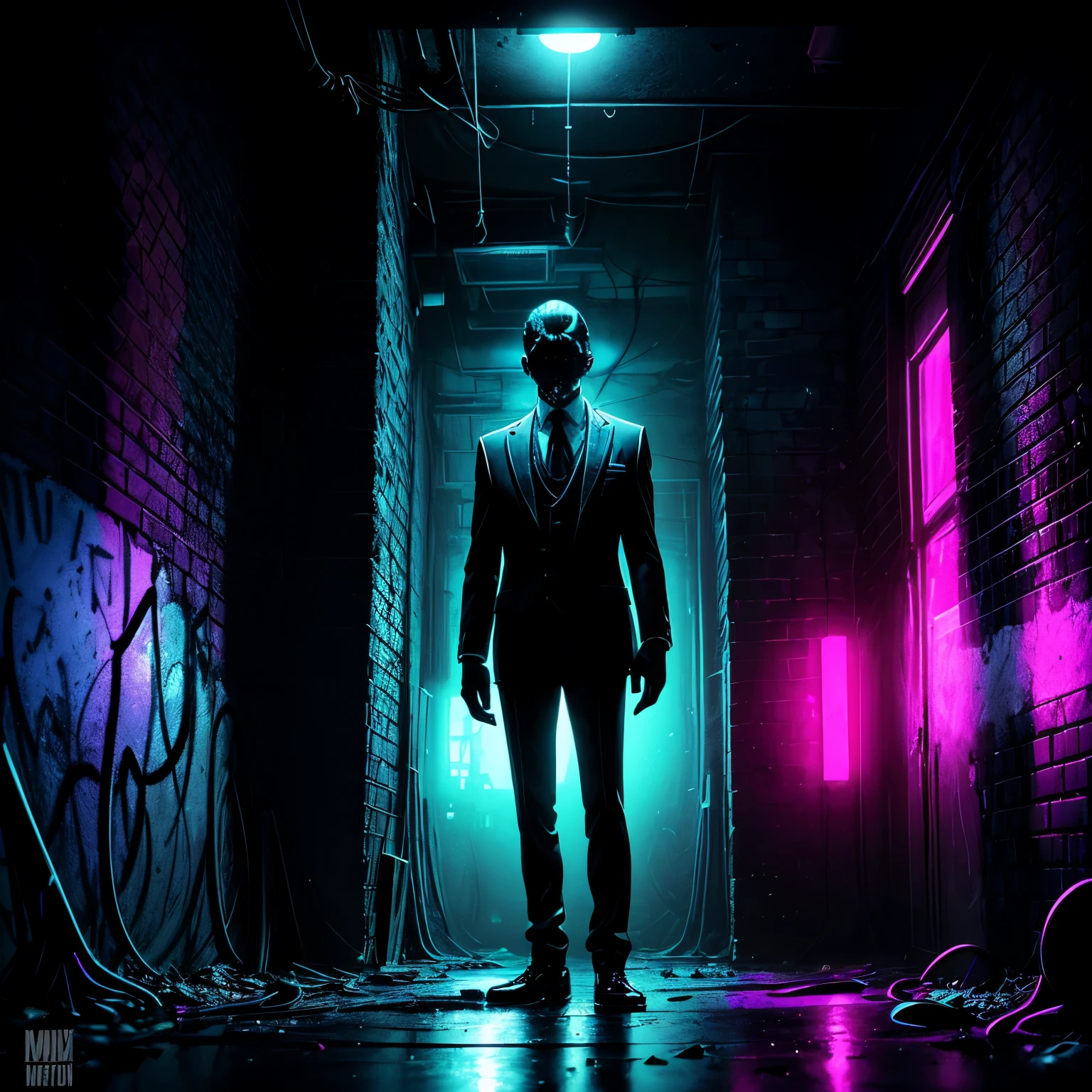 A wealthy man dressed in a suit is standing still with his feet shoulder width apart looking strong and confident. He is standing in a dimly lit chamber. Graffiti splatters cover the walls, creating a mysterious atmosphere. The chamber is filled with an eerie vibe, with dim lights casting long shadows across the room. The graffiti on the chamber walls adds to the enigmatic setting. It features neon-colored symbols and cryptic phrases, all intertwined to create a visually captivating display. The vibrant colors and abstract patterns heighten the sense of anticipation and challenge. The chamber itself has an old, worn-out appearance. The walls are made of rough, exposed brick, creating a gritty backdrop. Dimly lit, flickering bulbs hang from the ceiling, providing minimal illumination. The floor is covered in a layer of dust, giving the room a neglected feel. Behind the man we can see a door with a sign above it. There is a sense of anticipation in the air, as if the chamber is holding a hidden secret waiting to be revealed. The combination of mysterious man, the vibrant graffiti, and the atmospheric setting creates a visually stunning and intellectually stimulating scene. Keywords: wealthy man, graffiti-covered walls, dimly lit chamber, mysterious atmosphere, eerie vibe, neon-colored symbols, enigmatic setting, vibrant colors, abstract patterns, worn-out appearance, exposed brick walls, dim lights, neglected feel, sense of anticipation.