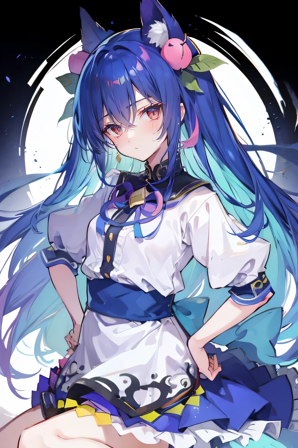 (best quality,highres,masterpiece:1.2),expressive eyes,perfect face,1 girl, hands on waist,beautiful,gorgeous,Japanese animation,girl,Lola,Hinata Angel,blue hair,blue-haired,elegant floating clothes,waist grab,waist grab,hands on hips,sitting,sitting on the ground,legs on the ground,flat-chested,weary eyes,starry sky,