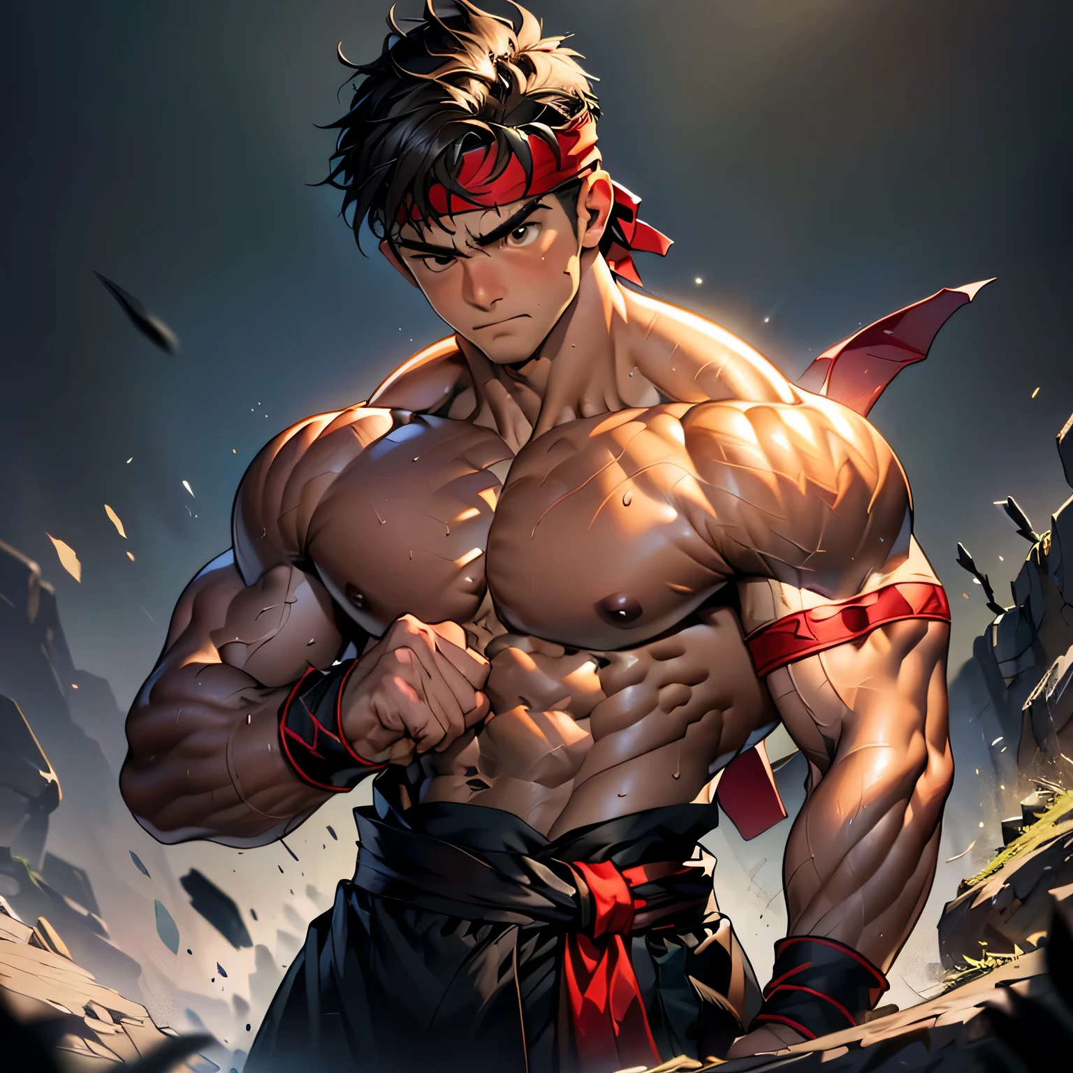 (Masterpiece, Best quality 19 year old boy, simple background, cowboy shot), solo, Young, boy, muscler, Shirtless, topless, (Dark Short straight hair, under cut, brown eyes), (red headband, ((black wristband, weist sash))), Vivid colors, (hot Abs:1.2, abs!, big abs, big breast:1.2, chest!, muscler upper arms, mighty fist, (upper body nudity:1.1)), (topless male), closed mouth, muscler!, muscler body, Man with martial arts stance, (aura power:1.4), detailed face, detailed muscle, ((( random fighting pose, aggressive, powerful, action, rippling muscles)))