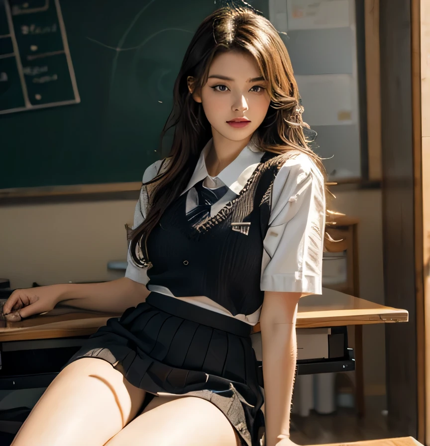 Beautiful, angry girl sitting in class, wearing school clothes  