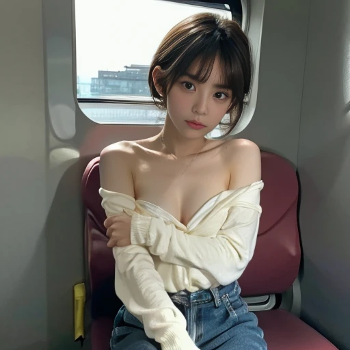 Voyeurism, top quality, ultra-high resolution, very detailed skin, physical rendering, , flat chest, down blouse, Japanese student, girl is not wearing a bra, size big blouse, , (senuous), sitting, bending forward in the train, short hair, necklace, ((nipples can be seen from the neck of the clothes)), from the upper left, focus on the chest, high brightness