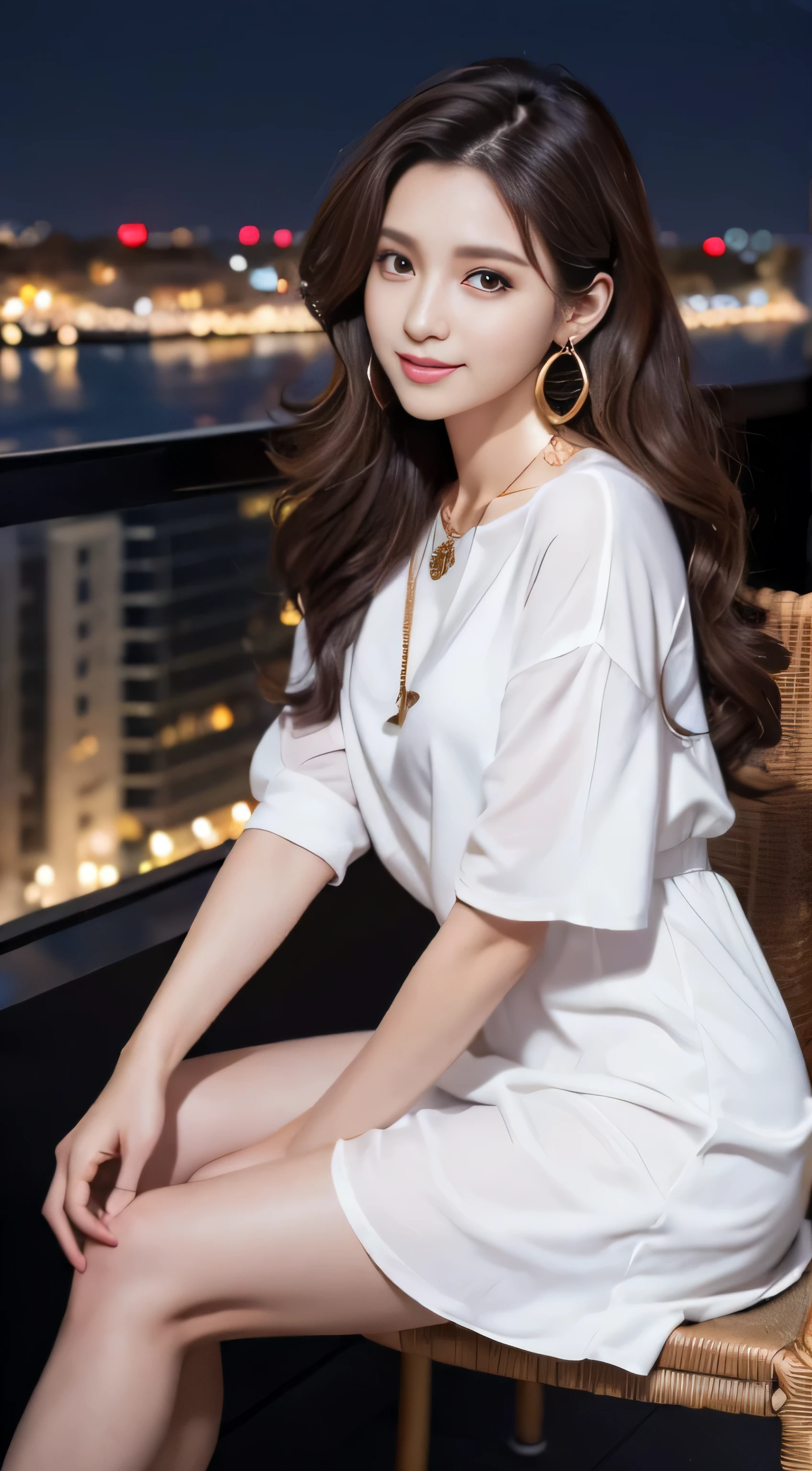 masterpiece, highest quality, realistic, Super detailed, small details, High resolution, 8k wallpaper, 1 beautiful woman, wear casual business wear, in a great restaurant, At night, light brown messy hair, perfect dynamic composition, beautiful and detailed eyes,((Hair with loose waves inside:1.2)),((gold necklace_Large earrings:1.2)),((Super long brown hair:1.2))、fullbody shot、((full figure supermodel standing, entire body in frame))、((look down at the viewer,from below:1.5))((wearing a white shirt dress:1.4)、((shy smile:1.3))((standing gracefully on a chair, night view terrace background:1.3)),
