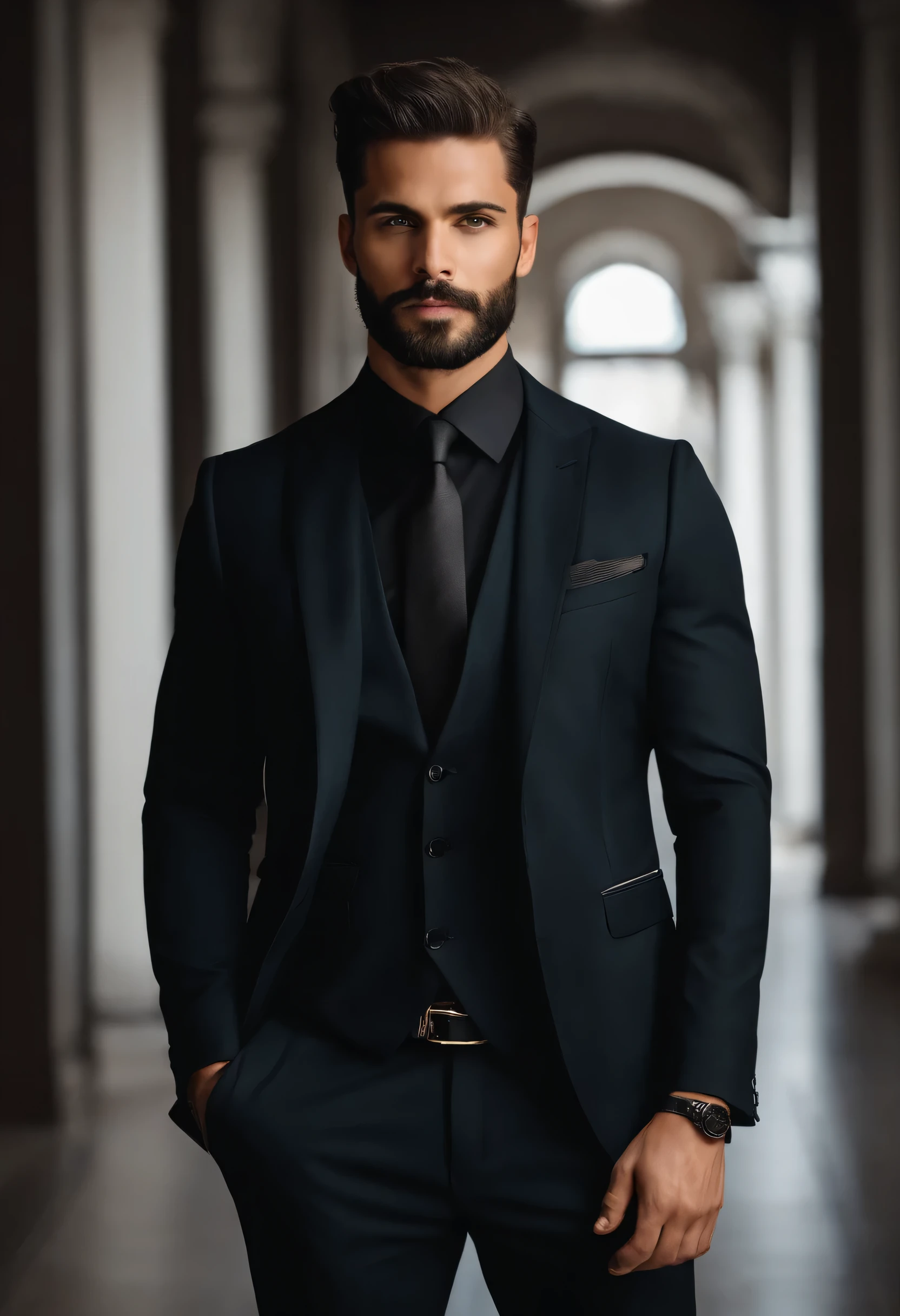 acima、Make a handsome 30-year-old man in a black suit and tie, CEO, cabelos loiros escuros e barba, (Homem de terno preto e gravata), ), (Use barba,) attractive and serious appearance, cabelo preto curto, elegante e elegante, Shave with a perfect fit and a strong body, (alta qualidade, imagens realistas), Preto escuro e claro no fundo da imagem, Filmstil, ((Qualidade Premier, 8k, Obra-prima), Ultra High Definition Photo, (lindos rostos detalhados, Textura detalhada da pele, corpo hiperdetalhado:1.1)cabelo que cai ligeiramente na testa
