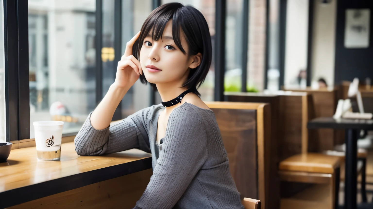 japanese woman, Beauty salon model 30 years old, slender body shape, small breasts, very thin waist, beautiful face, beautiful eyes, black short hair, She wears tight, Short gray knit dress with open back design., Sitting in a fashionable café, look back at you kindly, 1 girl, alone, detailed face and eyes, small fingers and arms. full body photo. realistic, realistic., choker