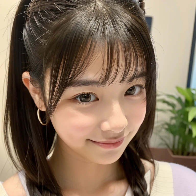 highest quality, face focus, soft light, ultra high resolution, (realistic:1.4), Raw photo, 1 Japanese girl, alone, cute, (pupil, There's a light in my eyes), detailed beautiful face, (),(High resolution details of human skin texture), (long hair), indoor, (portrait)、((black camisole))、twin tails、Scrunchie、earrings、smile、high angle、selfie、smile、Bulge cheeks