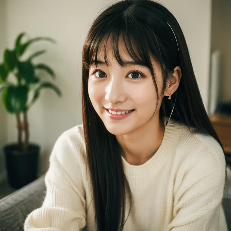 highest quality, face focus, soft light, ultra high resolution, (realistic:1.4), Raw photo, 1 Japanese girl, alone, cute, (pupil, There's a light in my eyes), detailed beautiful face, (),(High resolution details of human skin texture), (long hair), indoor, (portrait)、((black camisole))、twin tails、Scrunchie、earrings、smile、high angle、selfie、smile、Bulge cheeks