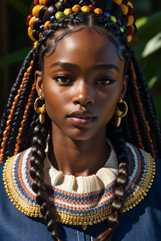 melanin, a woman, [cleavage|curvy|big ass] smiling, A photorealistic portrait of Kiki Layne, wide jaw, strong chin, with light makeup, Extremely detailed brown right eye, braided hair hanging down, braids decorated with coloured beads, braids framing face, serious expression, one eyebrow raised, A detailed symmetrical realistic face and body, full body view, nude, naked , Highly detailed natural texture, master piece, extremly detailed, astonishing, fine detail, couleurs riches, Hyper realistic texture, dramatic lighting, A photorealistic portrait of Kiki Layne, wide jaw, strong chin, closeup, close-up, with light makeup, Eyepatch over left eye, leather patch, Extremely detailed brown right eye, braided hair hanging down, braids decorated with coloured beads, braids framing face, serious expression, one eyebrow raised, A detailed symmetrical realistic face, African tribal pattern keffiyeh, smart blue waterproof jacket, Highly detailed natural texture, master piece, absurdes, extremly detailed, astonishing, fine detail, couleurs riches, Hyper realistic texture, dramatic lighting