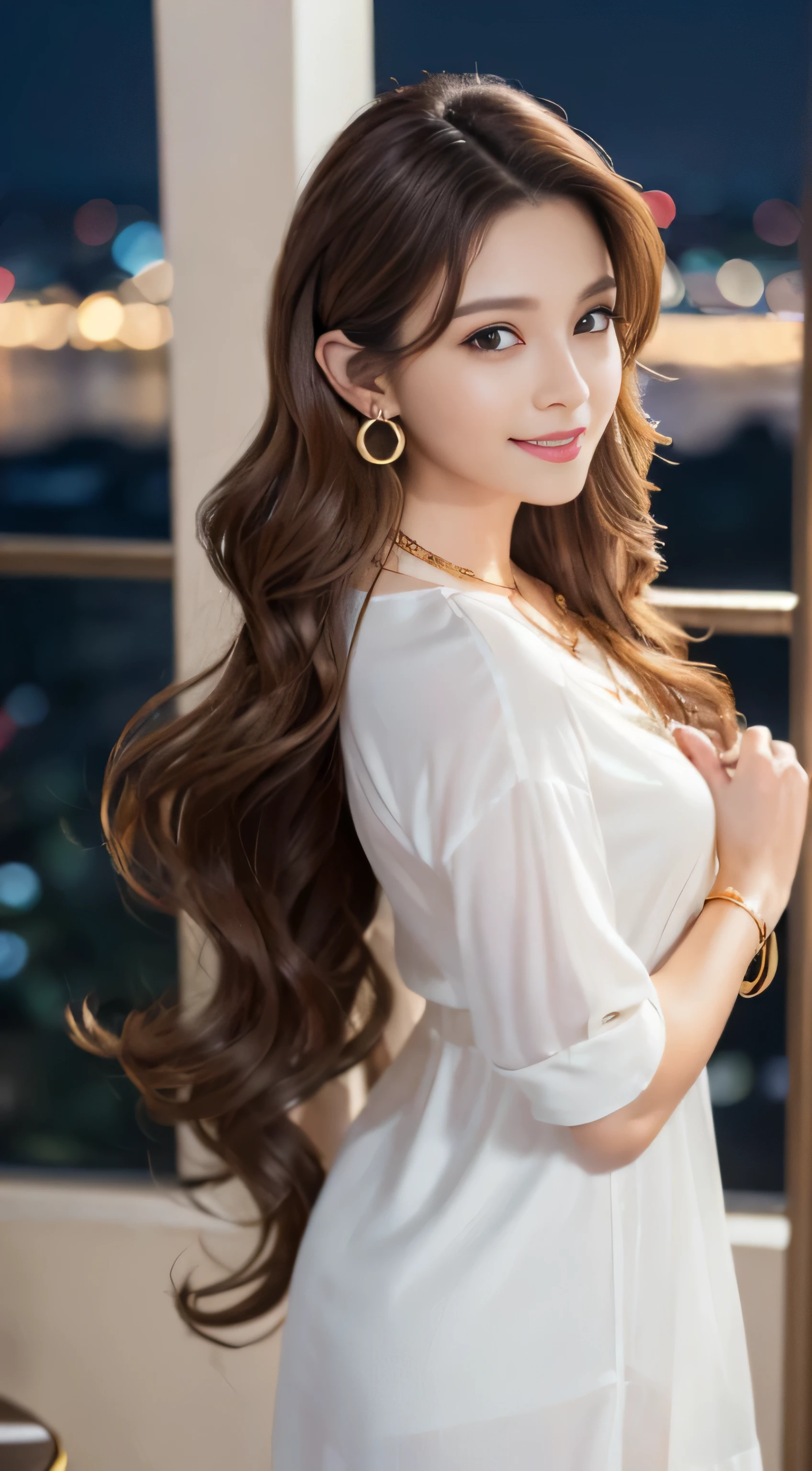 masterpiece, highest quality, realistic, Super detailed, small details, High resolution, 8k wallpaper, 1 beautiful woman, wear casual business wear, in a great restaurant, At night, light brown messy hair, perfect dynamic composition, beautiful and detailed eyes,((Hair with loose waves inside:1.2)),((gold necklace＿Large earrings:1.2)),((Super long brown hair:1.2))、fullbody shot、((full figure supermodel standing, entire body in frame))、((look down at the viewer,from below:1.5))((wearing a white shirt dress:1.4)、((shy smile:1.3))((standing gracefully , night view terrace background:1.3)),