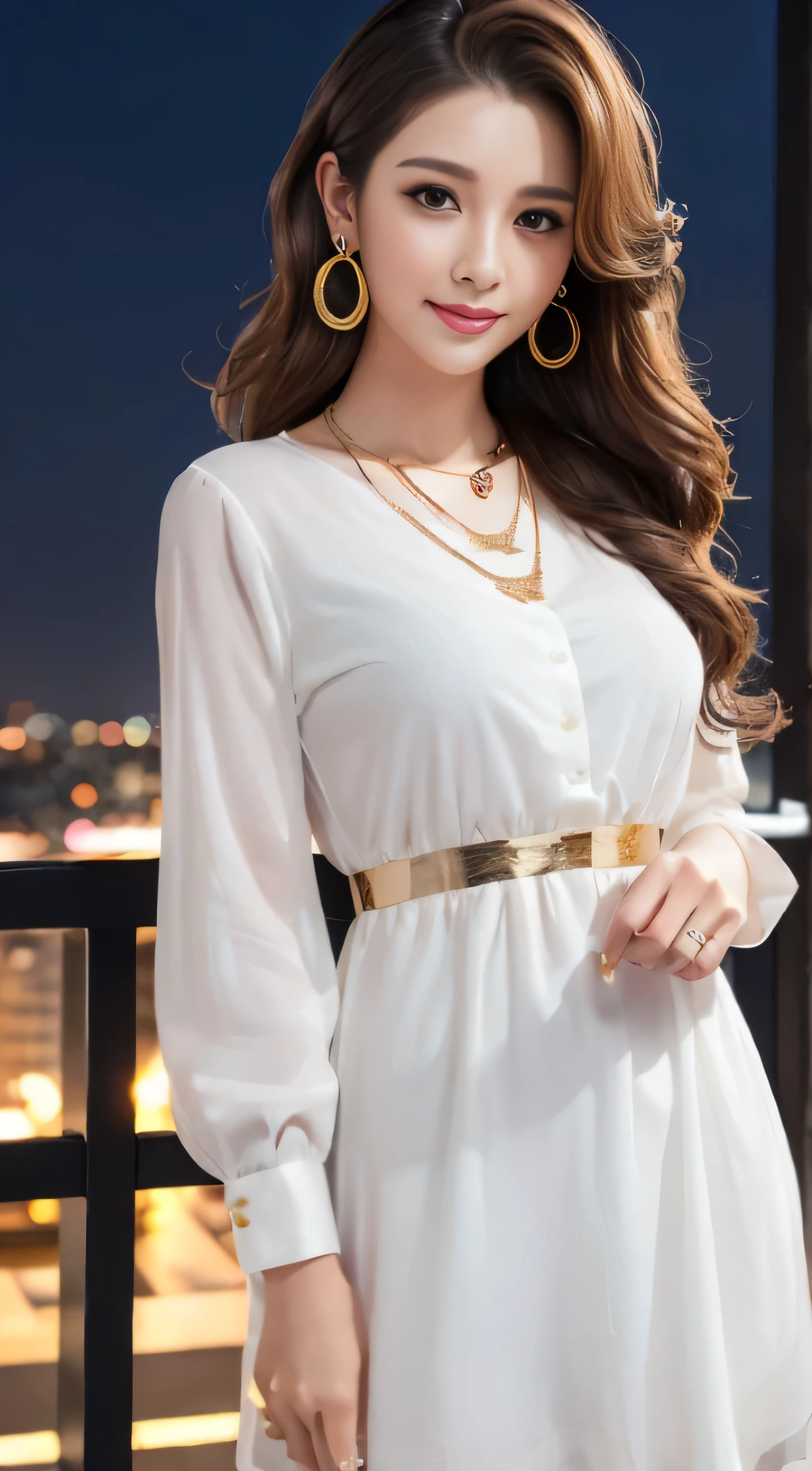 masterpiece, highest quality, realistic, Super detailed, small details, High resolution, 8k wallpaper, 1 beautiful woman, wear casual business wear, in a great restaurant, At night, light brown messy hair, perfect dynamic composition, beautiful and detailed eyes,((Hair with loose waves inside:1.2)),((gold necklace＿Large earrings:1.2)),((Super long brown hair:1.2))、fullbody shot、((full figure supermodel standing, entire body in frame))、((look down at the viewer,from below:1.5))((wearing a white shirt dress:1.4)、((shy smile:1.3))((standing gracefully , night view terrace background:1.3)),